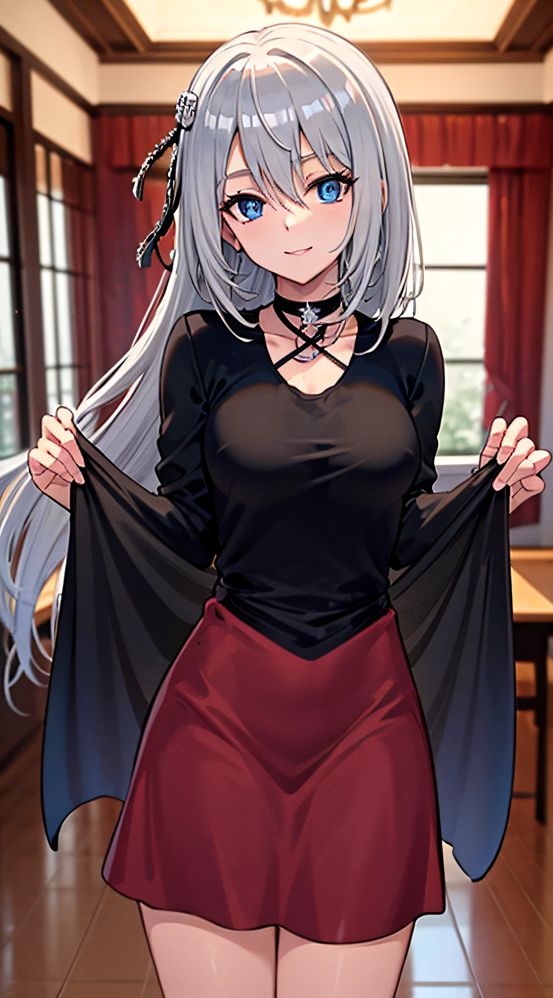 (masterpiece), (best quality), highres, kei1, 1girl, solo, blue eyes, long hair, (wears a red Venezuelan gala dress), ribbon, bangs, collarbone, (gray hair), black hair band, neck ribbon, hair between eyes, medium breasts, cowboy shot, smile, (anatomically correct full body), this inside a Venezuelan house, detailed full escenario