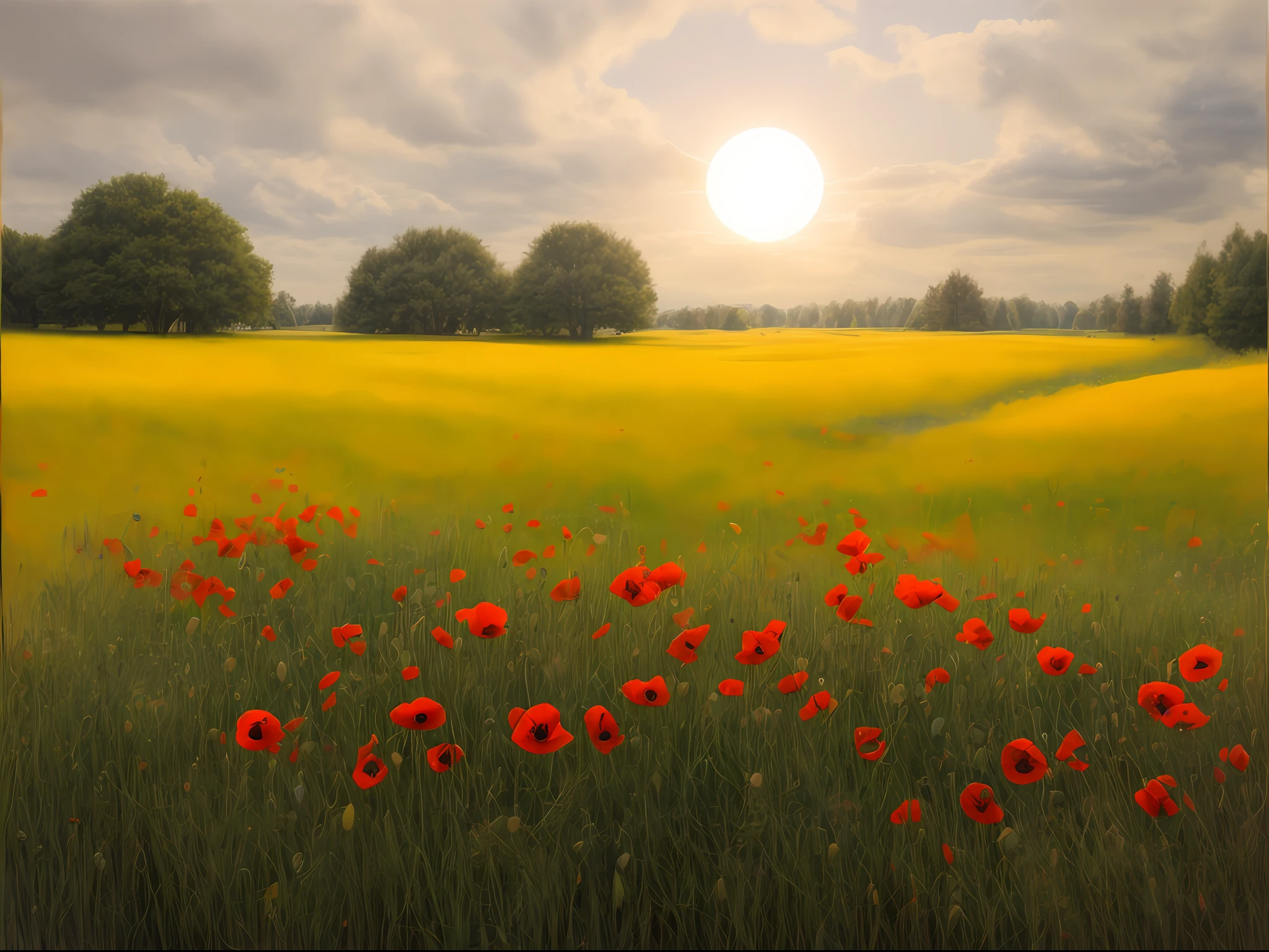 poppy field, overcast sky, forest on the horizon, white sun