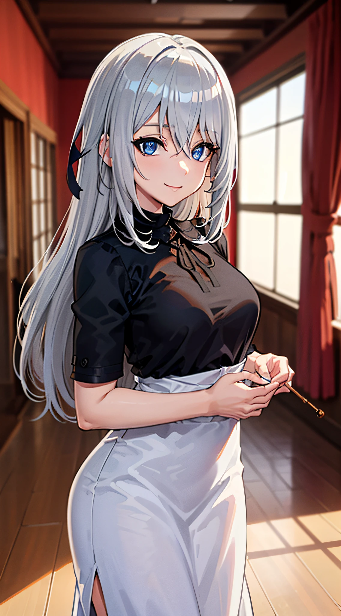 (masterpiece), (best quality), highres, kei1, 1girl, solo, blue eyes, long hair, (wears a white Venezuelan dress), ribbon, bangs, collarbone, (gray hair), black hair band, neck ribbon, hair between eyes, medium breasts, cowboy shot, smile, (anatomically correct full body), this inside a Venezuelan house, detailed full escenario