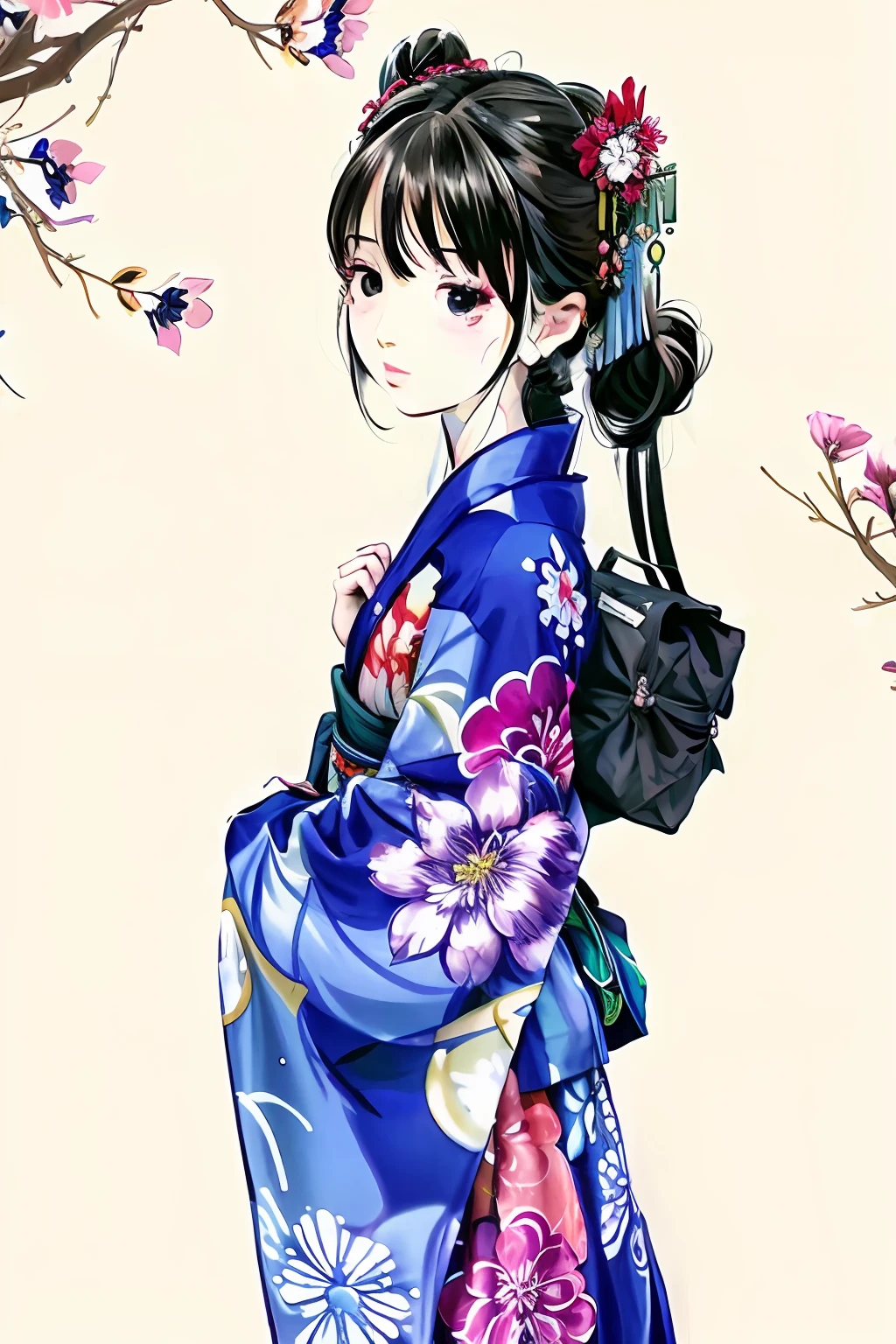 Ink painting, kimono woman, Kano school, standing facing the front, morning glory flowers on background, face front, beautiful girl