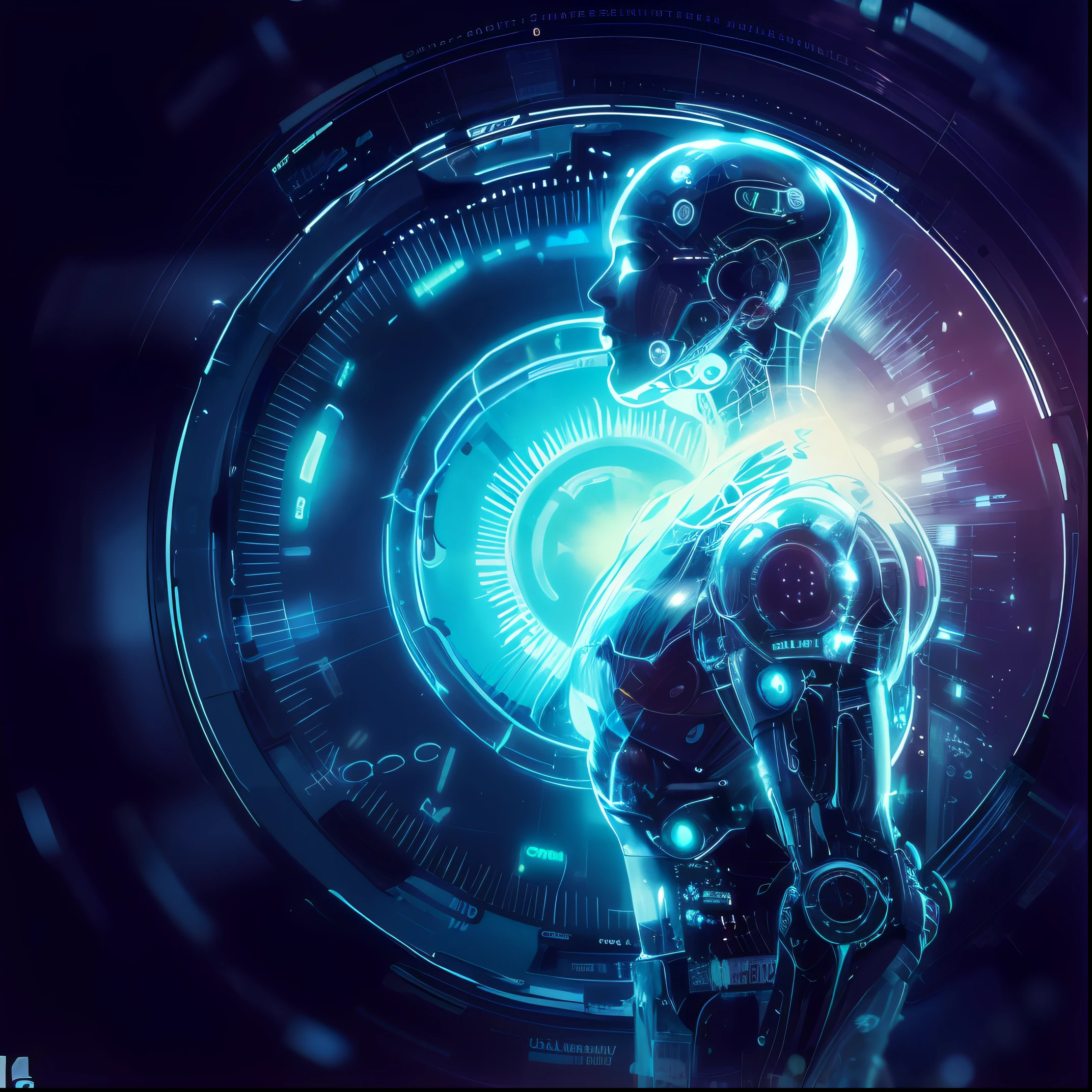a close up of two humanoids facing each other with glowing lights, strong artificial intelligence, the coming ai singularity, intricate transhuman, ai biomech, artificial intelligence, integrated synthetic android, cyberpunk transhumanist, cybernetic body, sci-fi digital art, transhuman, futuristic robot body, by Adam Marczyński