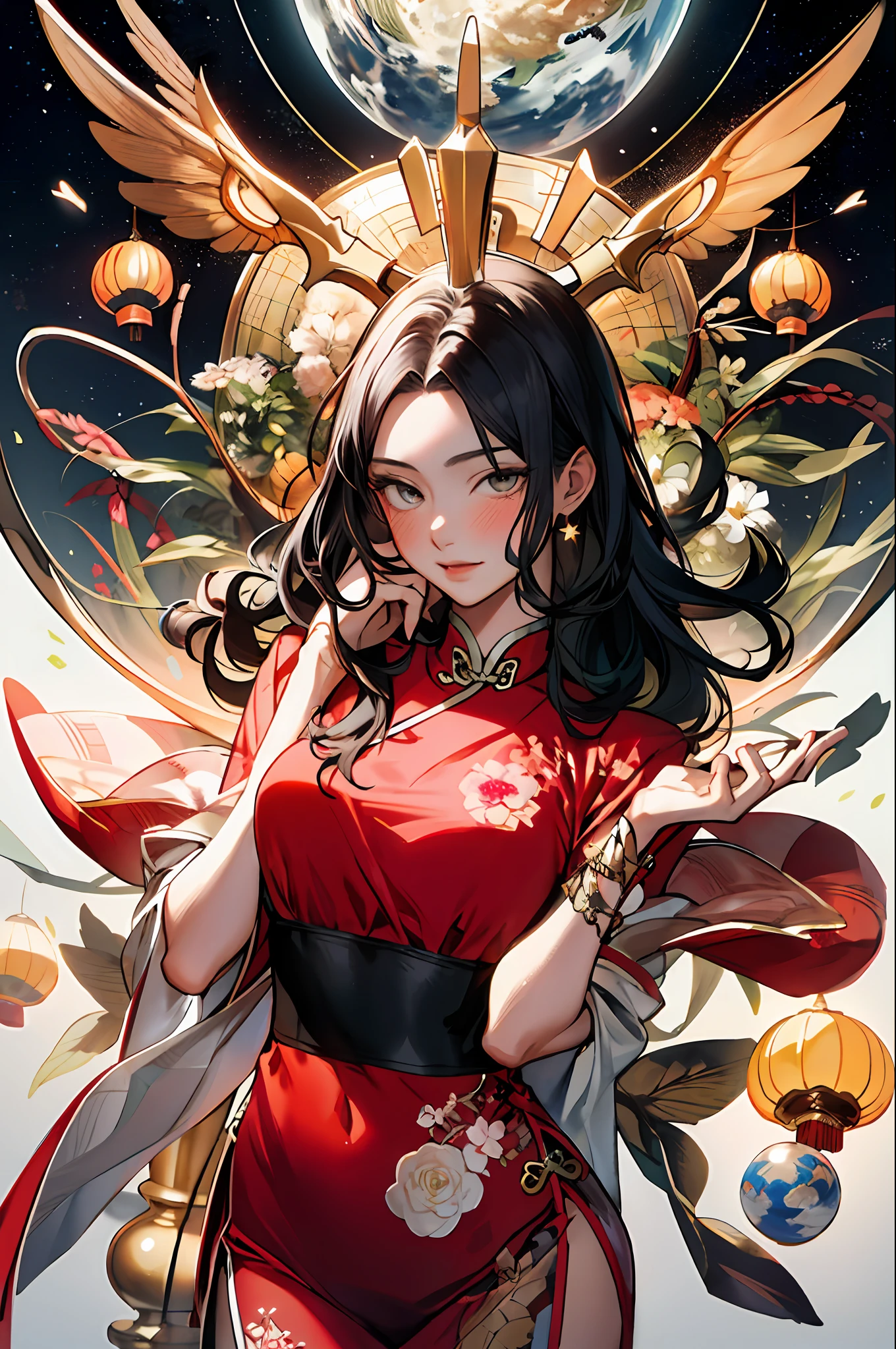 (Masterpiece: 1.2, Best Quality), (Zen Wrap: 1.2), (Dynamic Pose), (Abstract background: 1.5), (Traditional Costume: 1.2), Long Hair, 1 Lady, Chinese Cheongsam, Embroidery, Pattern, Wide Buttocks, (Shiny Skin), Multiple Colors, Beautiful Lady, Glamorous Lady with Long Curly Hair, Messy Hair, Blushing, Beautiful Big Eyes Made by Art Germ, Boris Vallejo, James Jean, McBeth, Milo Manara, Norman Rockwell :: Charles S. Stunning floral art in Rennie Mackintosh style, thick impasto painting masterpiece ::3 Rococo molten transparent, delicate molten matte transparent translucent monk levitation, poison fly Amanita mycelium Chinese lantern very realistic planets and stars flying, glacier multi-layered, translucent, delicate multi-layered very delicate silk color, pastel, thick pattern, masterpiece