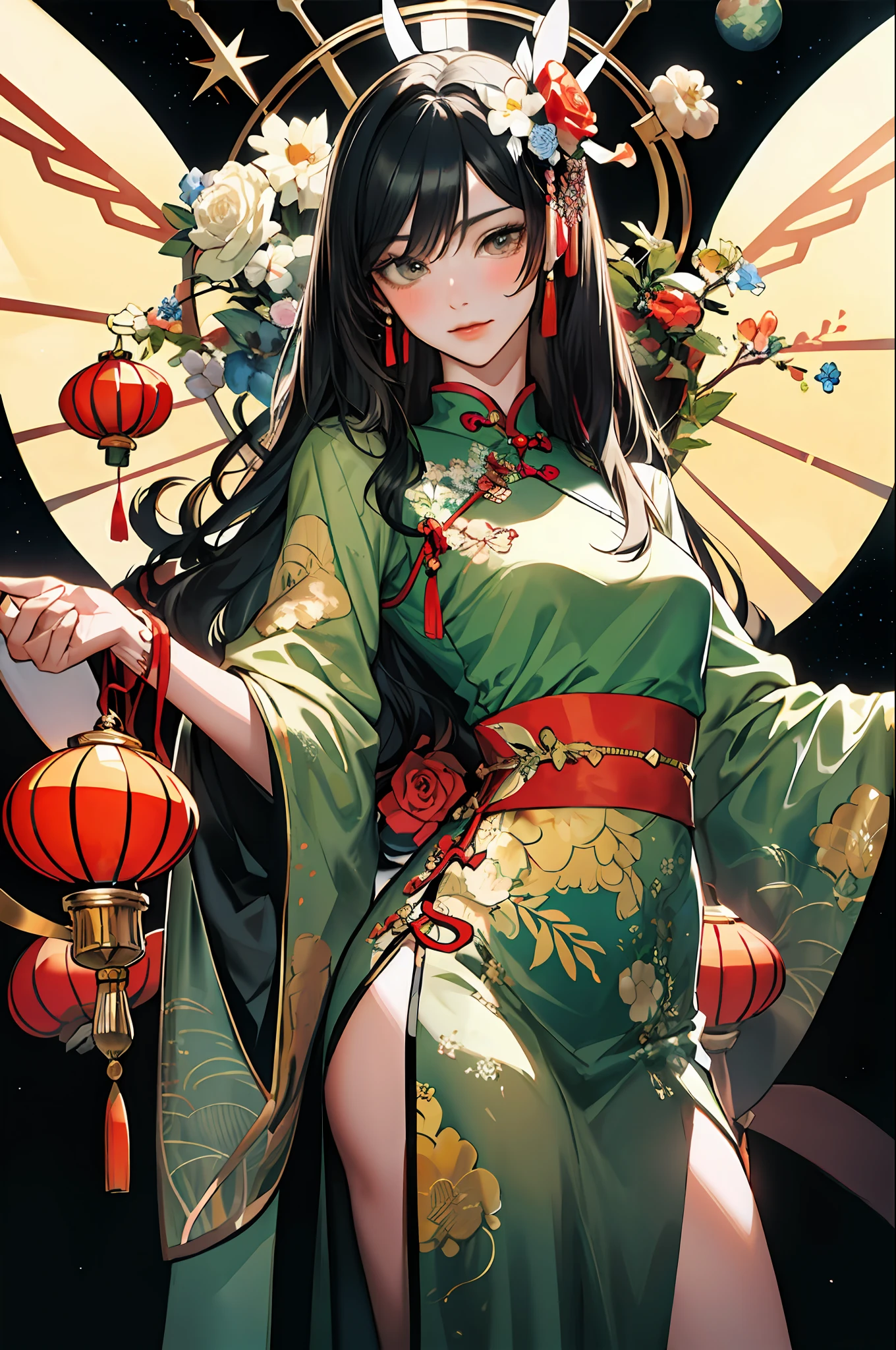 (Masterpiece: 1.2, Best Quality), (Zen Wrap: 1.2), (Dynamic Pose), (Abstract background: 1.5), (Traditional Costume: 1.2), Long Hair, 1 Lady, Chinese Cheongsam, Embroidery, Pattern, Wide Buttocks, (Shiny Skin), Multiple Colors, Beautiful Lady, Glamorous Lady with Long Curly Hair, Messy Hair, Blushing, Beautiful Big Eyes Made by Art Germ, Boris Vallejo, James Jean, McBeth, Milo Manara, Norman Rockwell :: Charles S. Stunning floral art in Rennie Mackintosh style, thick impasto painting masterpiece ::3 Rococo molten transparent, delicate molten matte transparent translucent monk levitation, poison fly Amanita mycelium Chinese lantern very realistic planets and stars flying, glacier multi-layered, translucent, delicate multi-layered very delicate silk color, pastel, thick pattern, masterpiece