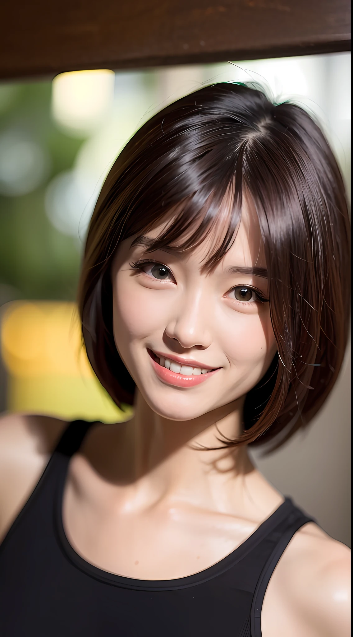 Masterpiece, 1 Beautiful Girl, Detailed Eyes, Swollen Eyes, Best Quality, Ultra High Resolution, (Reality: 1.4), Original Photo, 1Girl, Cinematic Lighting, Smiling, Japanese, Asian Beauty, Korean, Clean, Super Beautiful, Beautiful Skin, Slender, Cyberpunk Background, (Ultra Realistic ), (high resolution), (8K), (very detailed), (best illustration), (beautifully detailed eyes), (super detailed), (wallpaper), (detailed face), viewer looking, fine details, detailed face, pureerosfaceace_v1, smiling, 46 point slanted bangs, looking straight ahead, neat clothes, dark colored eyes, sleeveless, body facing front,