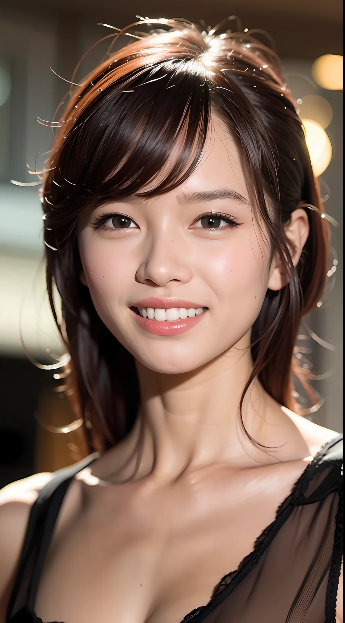 Masterpiece, 1 Beautiful Girl, Detailed Eyes, Swollen Eyes, Best Quality, Ultra High Resolution, (Reality: 1.4), Original Photo, 1Girl, Cinematic Lighting, Smiling, Japanese, Asian Beauty, Korean, Clean, Super Beautiful, Beautiful Skin, Slender, Cyberpunk Background, (Ultra Realistic ), (high resolution), (8K), (very detailed), (best illustration), (beautifully detailed eyes), (super detailed), (wallpaper), (detailed face), viewer looking, fine details, detailed face, pureerosfaceace_v1, smiling, 46 point slanted bangs, looking straight ahead, neat clothes, dark colored eyes, sleeveless, body facing front,