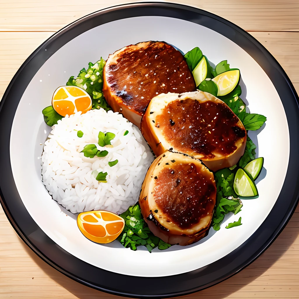 Create a mouth-watering image of a bowl of pork chop rice. The dish should be hyper-realistic, with a high level of detail and resolution. The pork chop should be the central focus, its golden-brown crust contrasting with the white rice. Lighting should be warm and inviting, casting soft shadows and highlighting the textures of food. The colors should be rich and appetizing, with the golden browns of the pork chop, the white of the rice and the vibrant greens of the vegetables that accompany it. The composition should be a close-up of the bowl, capturing the textures and colors of the food in sharp detail. Use a high quality camera with a fast shutter speed to capture the moment, BestQuality/ (extremely detailed CG unit 8k wallpaper), best quality, masterpiece, hdr, best quality, ultra highres a
Message sent. Create a mouth-watering image of a bowl of pork chop rice. The dish should be hyper-realistic, with a high level of detail and resolution. The pork chop should be the central focus, its golden-brown crust contrasting with the white rice. Lighting should be warm and inviting, casting soft shadows and highlighting the textures of food. The colors should be rich and appetizing, with the golden browns of the pork chop, the white of the rice and the vibrant greens of the vegetables that accompany it. The composition should be a close-up of the bowl, capturing the textures and colors of the food in sharp detail. Use a high quality camera with a fast shutter speed to capture the moment, BestQuality/ (extremely detailed CG unit 8k wallpaper), best quality, masterpiece, hdr, best quality, ultra highres a