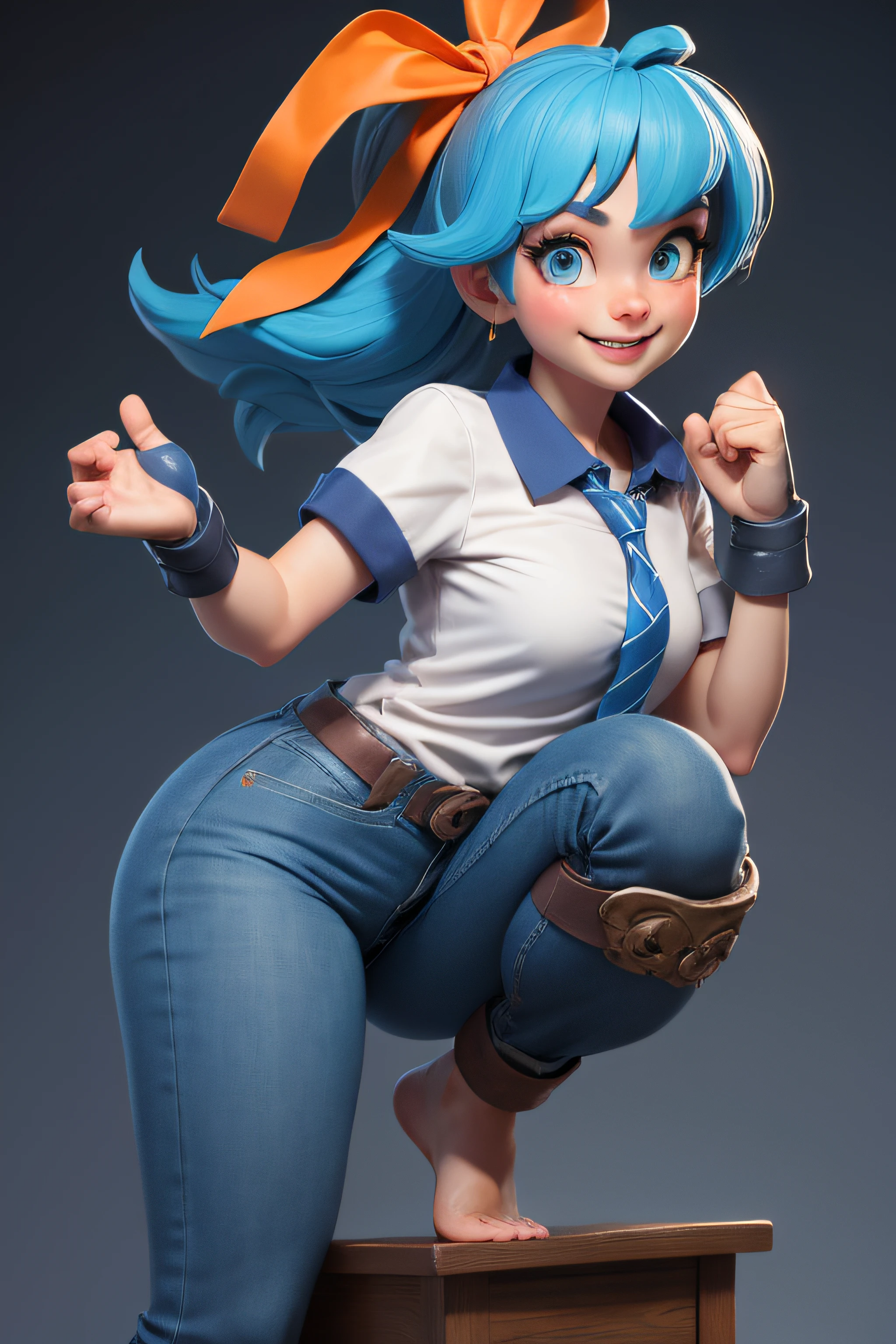 3dmm style, (masterpiece, best quality), computer background intricate details, 1girl, solo, bea\(disney\), bllue navy hair band, printed shirt, tied shirt, jeans, single glove, knee pads, barefoot, cowboy shot, front,blue navy clothing, blue navy hair, smiling wide shot, long shot, wearing high heels on feet, arms and feathers stretched, heroic pose, tie, bow, perfect hands, 5 fingers hands