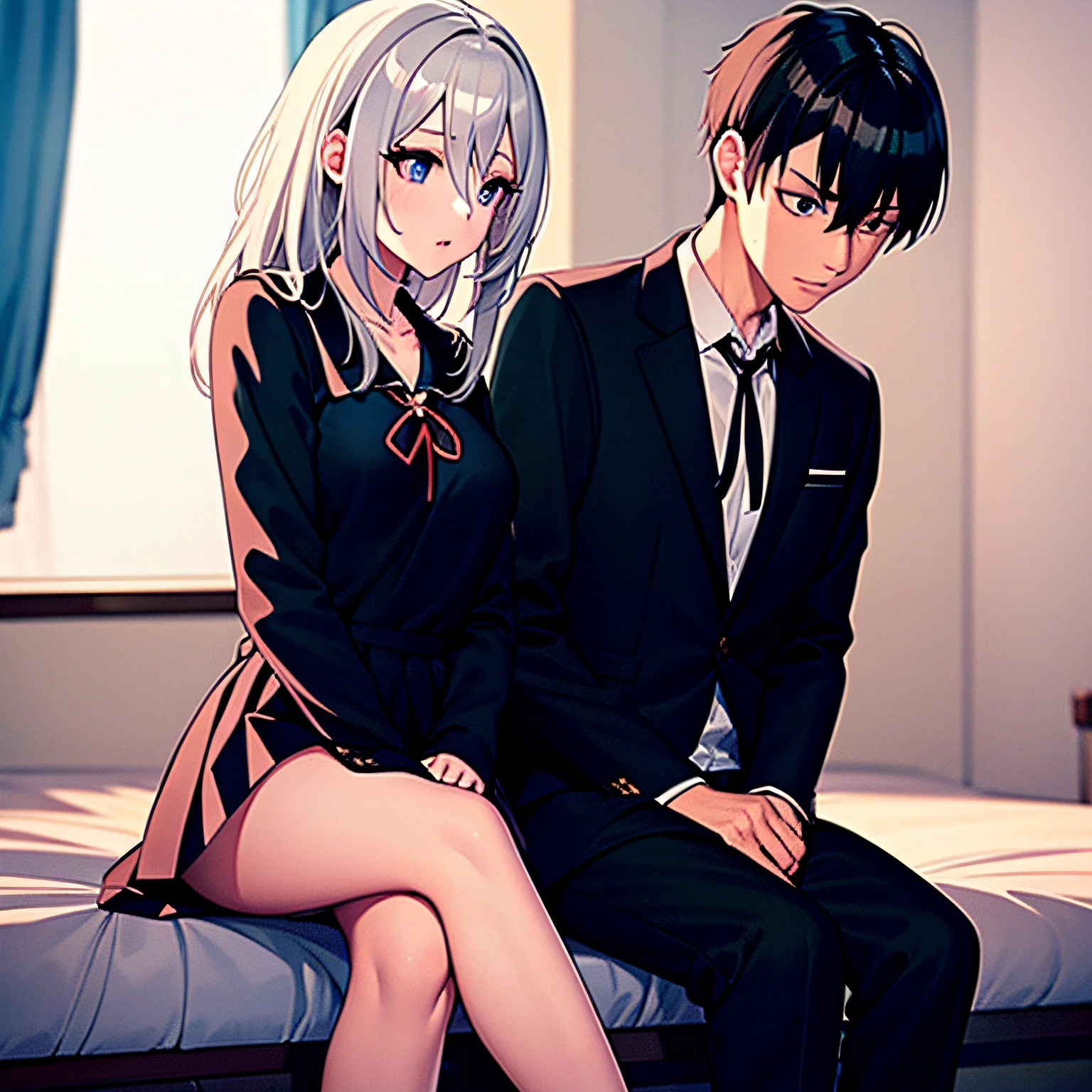 (masterpiece), (best quality), highres, ((((1girl she has long gray hair with blue eyes and 1boy he has short black hair with red eyes who are classmates))))), ((((They have different hair colors and eyes do not confuse))))), (draws Kei and kiyotaka ayanokoji looking at each other), (2schoolmates who are Kei and kiyotaka ayanokoji looking at each other),  (kei1), (1girl), solo, she has blue eyes, she has long hair, (she wears a school uniform), she has ribbon, she has bangs, collarbone, she has gray hair, she has black hair band, she has neck ribbon, hair between her eyes, she has medium breasts, cowboy shot, she is looking seriously at kiyotaka ayanokoji,  anatomically correct whole body, is inside a school room, is sitting on a bed with her legs together, full detallado scenary, (1boy), (kiyotaka ayanokoji), 15 year old teenager, school uniform white shirt black jacket open jacket red tie long black pants sitting, he has red eyes, he has short black hair, whole body anatomically correct,  he has a jesus necklace around his neck, normal legs, wears black shoes, (he's looking at Kei1 or the girl), he's sitting in a chair, he's facing Kei, (full detail escenario)