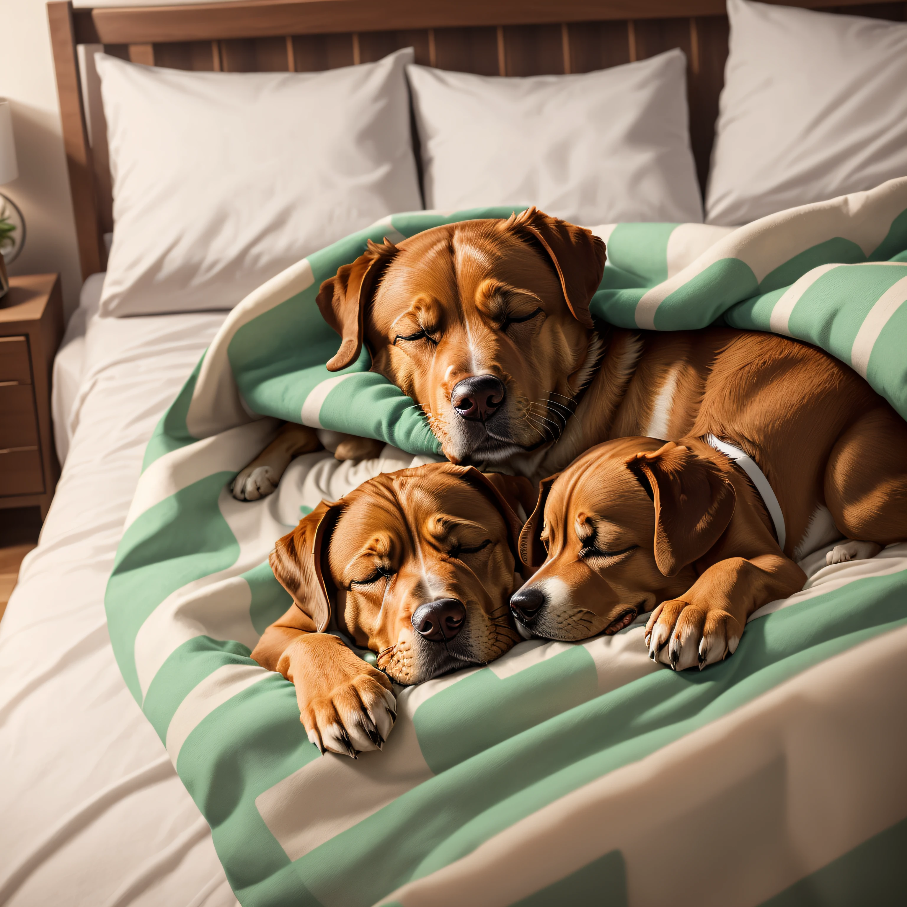 A big ears light brown dog sleeping in a big bed, using a green and white blanket - show the full bed