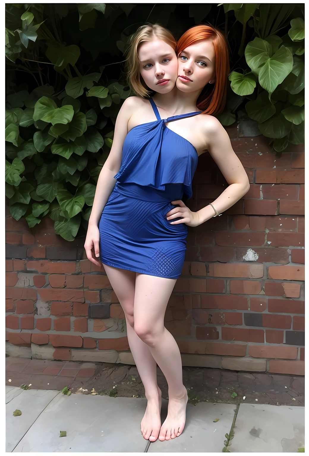 2heads, two headed girl, mom and daughter, (1head:1.5 child), (1head:1.5 young adult) (one torso:1.5), pale skin, Scottish redhead, teenager, white girls, different ages, (two heads on one body:1.4), (first head uncomfortable:1.5), (second head unhappy:1.5) conjoined twins, heads side by side, one torso, young, realistic faces, lifelike faces, uncomfortable, barefoot