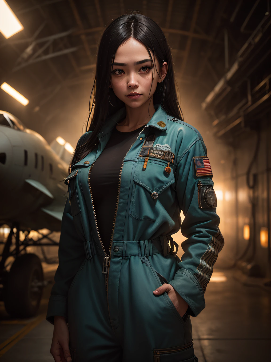 (Apterus style: 1.3), (dark lens: 1.4), 80mm, soft light, clear, exposure mixed, medium shot, bokeh, (HDR: 1.4), (film grain: 1.23), high contrast, (film, teal and orange: 0.85), (soft colors, dull colors, soothing tones: 1.3), low saturation, (hyper detail: 1.2), (black: 0.9), (complex detail, super detail: 1.15), model shooting style, Chinese female mechanic standing in hangar in overalls, ((Inside Pocket), (Background:1.3), Old Airplane in the Background, (Full Body:1.2), (Long Legs), (Depth of Field:1.4), (Detailed Face:1.1), (Photorealistic Photo:1.3), Symmetry, Octane Rendering, 35mm, Bokeh, 9:16, (Details:1.12), HDR, (Intricate Details, Hyperdetails: 1.15), (Natural Skin Texture, Hyperrealism, Soft Light, Sharpness: 1.2), (Detailed Skin: 1.2),