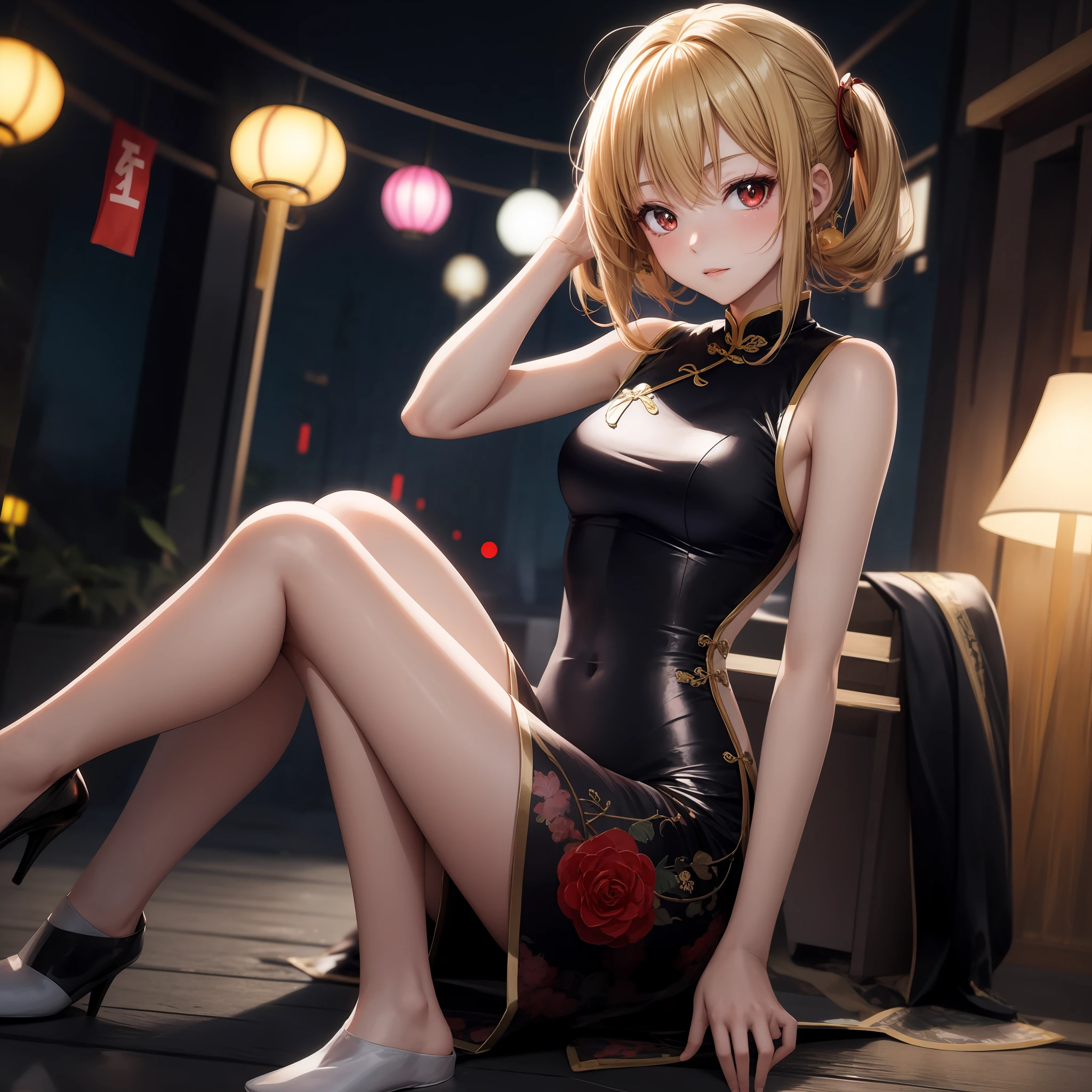 anime, girl single, blonde, red eye, cheongsam, china, solo,