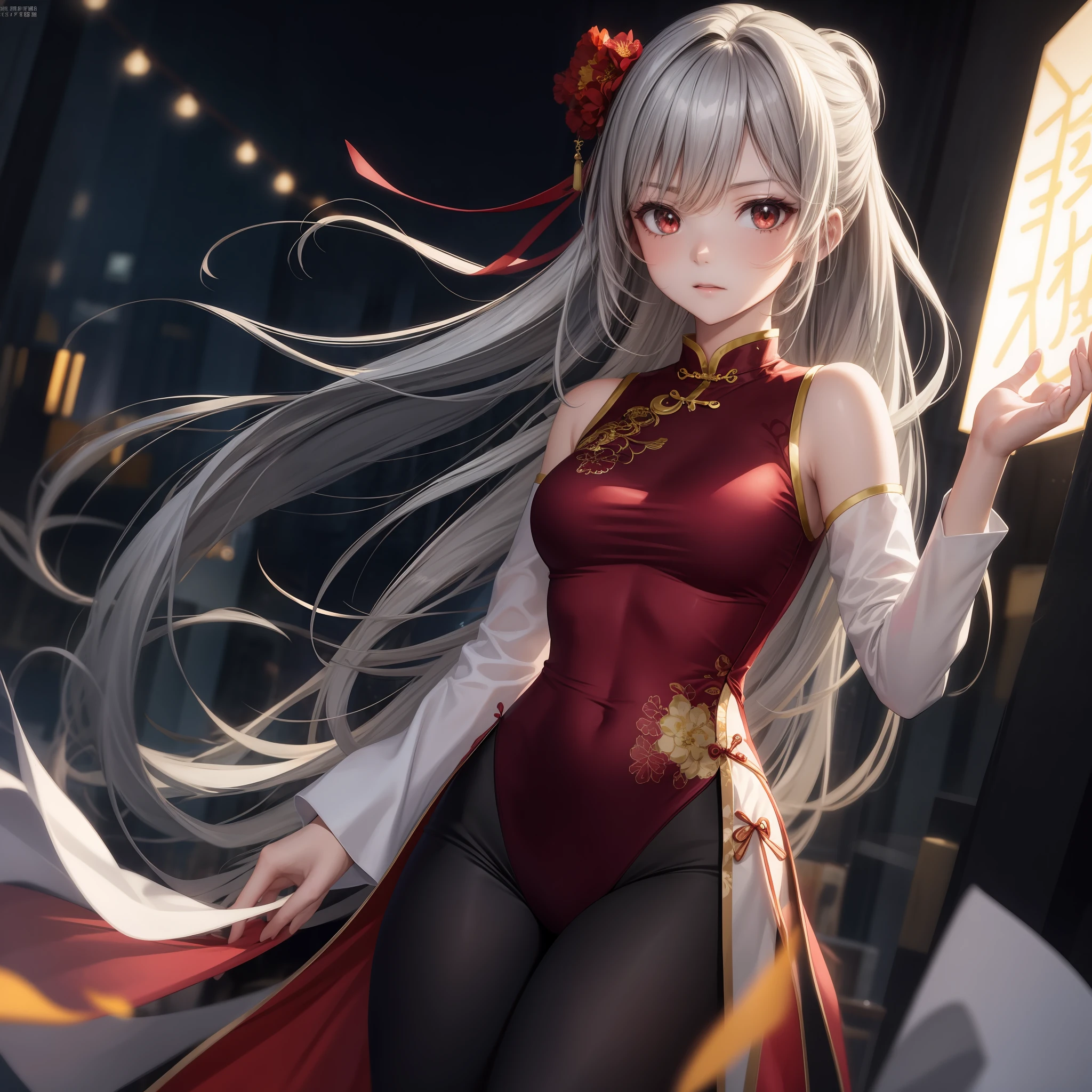 anime, girl single, gray hair, red eye, cheongsam, china, solo,