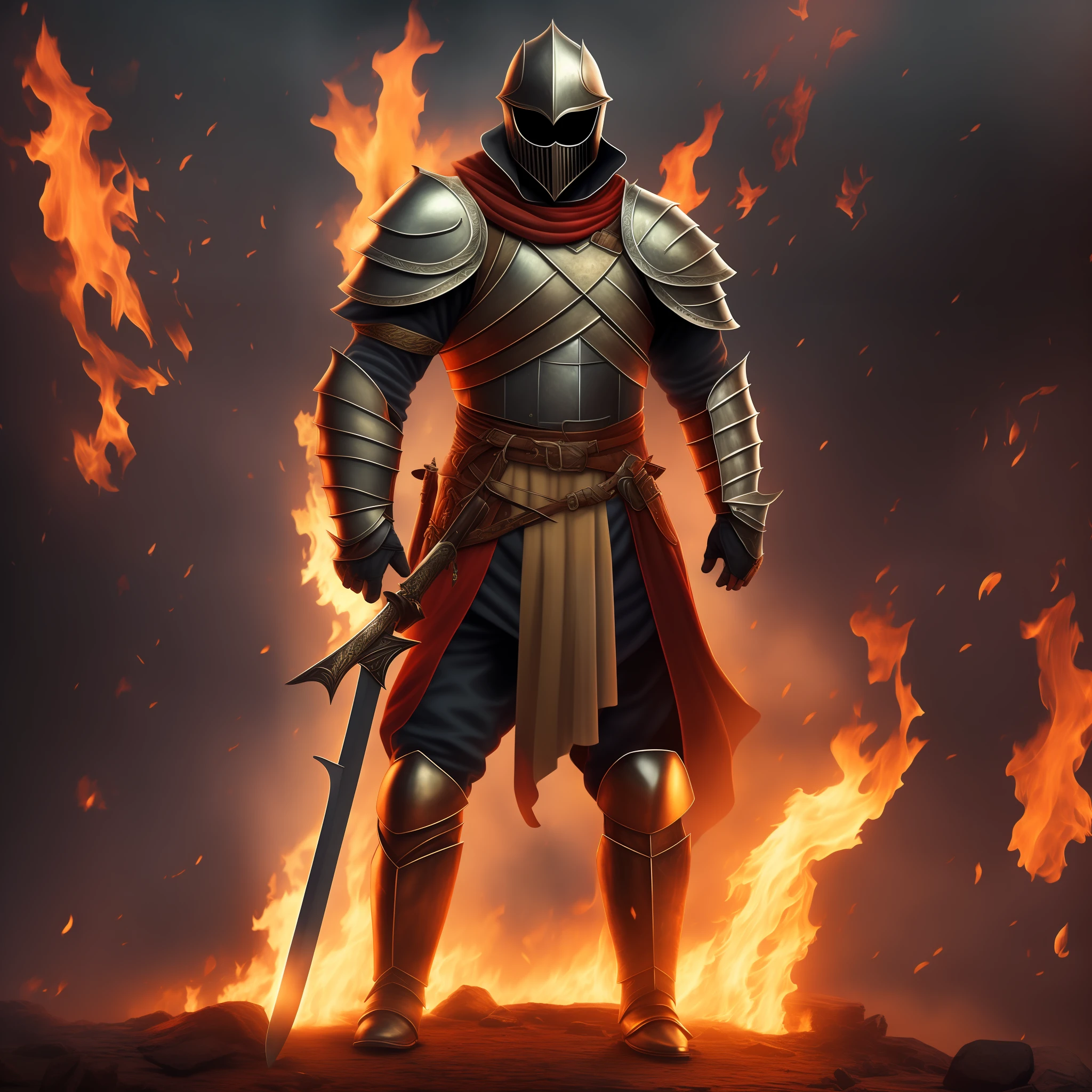 Man in medieval armor holding sword, standing looking forward, with flaming skulls floating around him in a masmora setting.