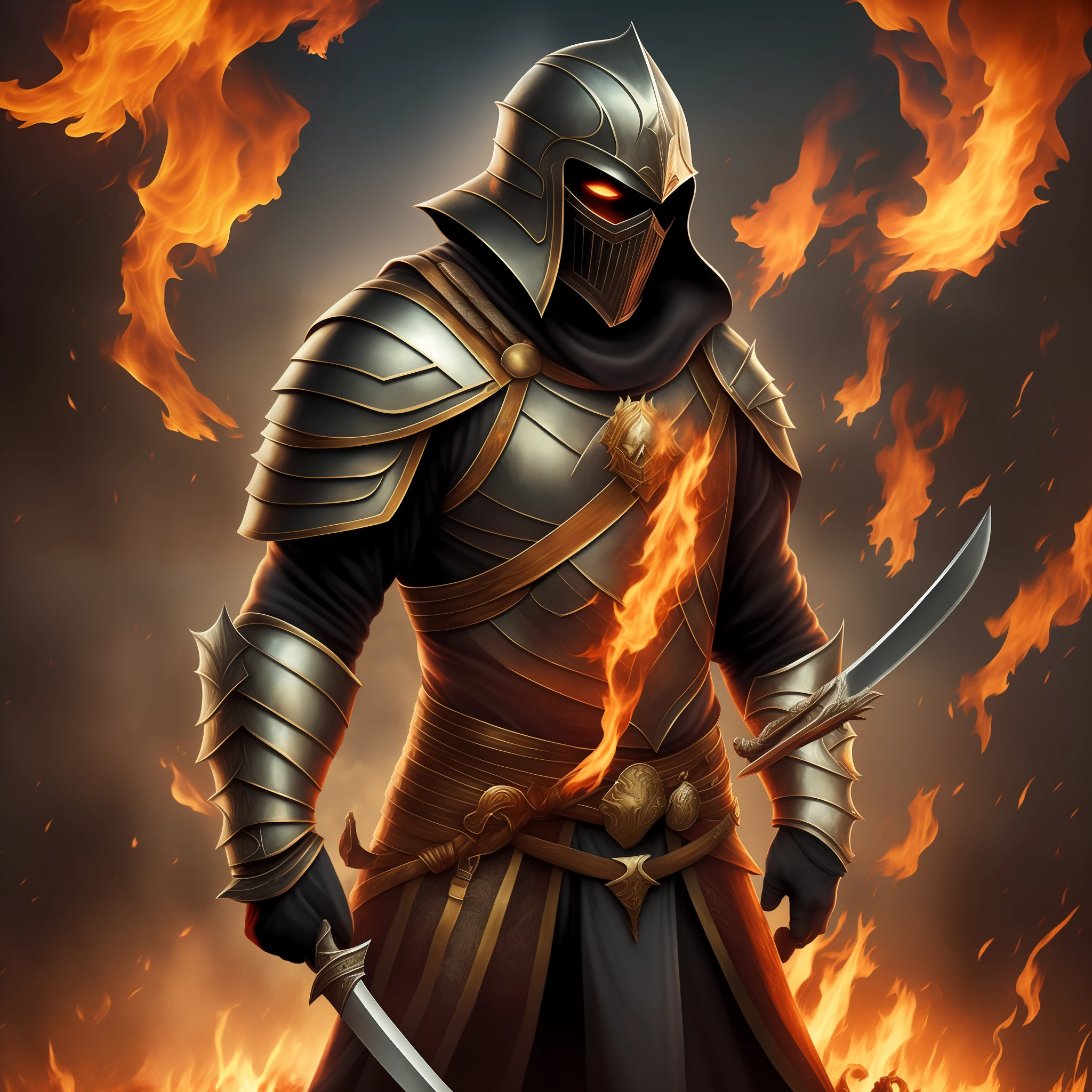 Man in medieval armor holding sword, standing looking forward, with flaming skulls floating around him in a masmora setting.