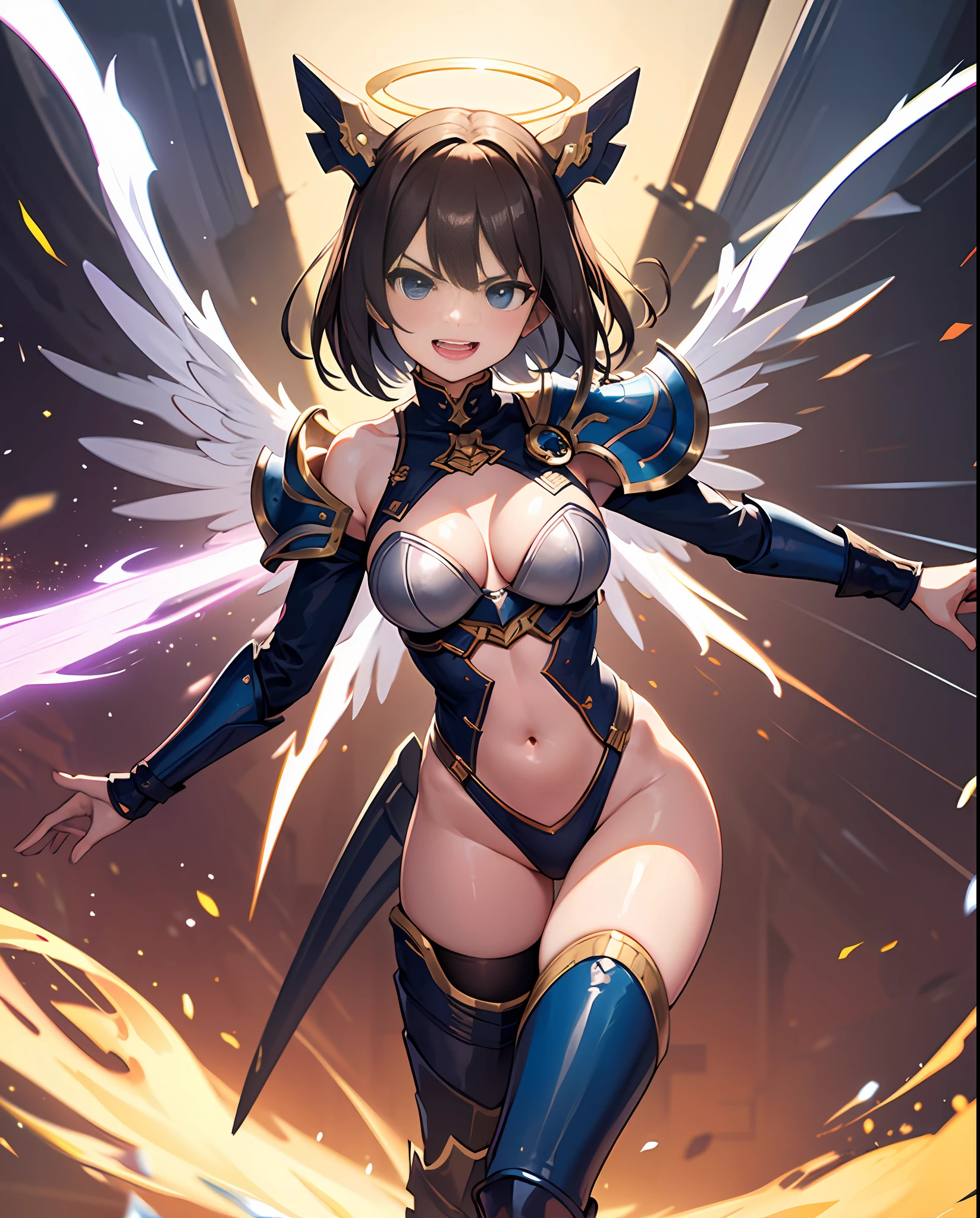 fantasy, 1angel_girl, loli,bwn_hair, medium_bob_hair, long_bangs, halo,bare_shoulder,thighhighs,silver_armor, waist_armor, large_breasts,angry,grinning,open_mouth_teeth, 1pair_wings, dynamic_pose_fighting,floating, bare_crotch, headgear,gauntlet, greaves,city_sky_background,slightly_spread_legs, solo, groin_naked