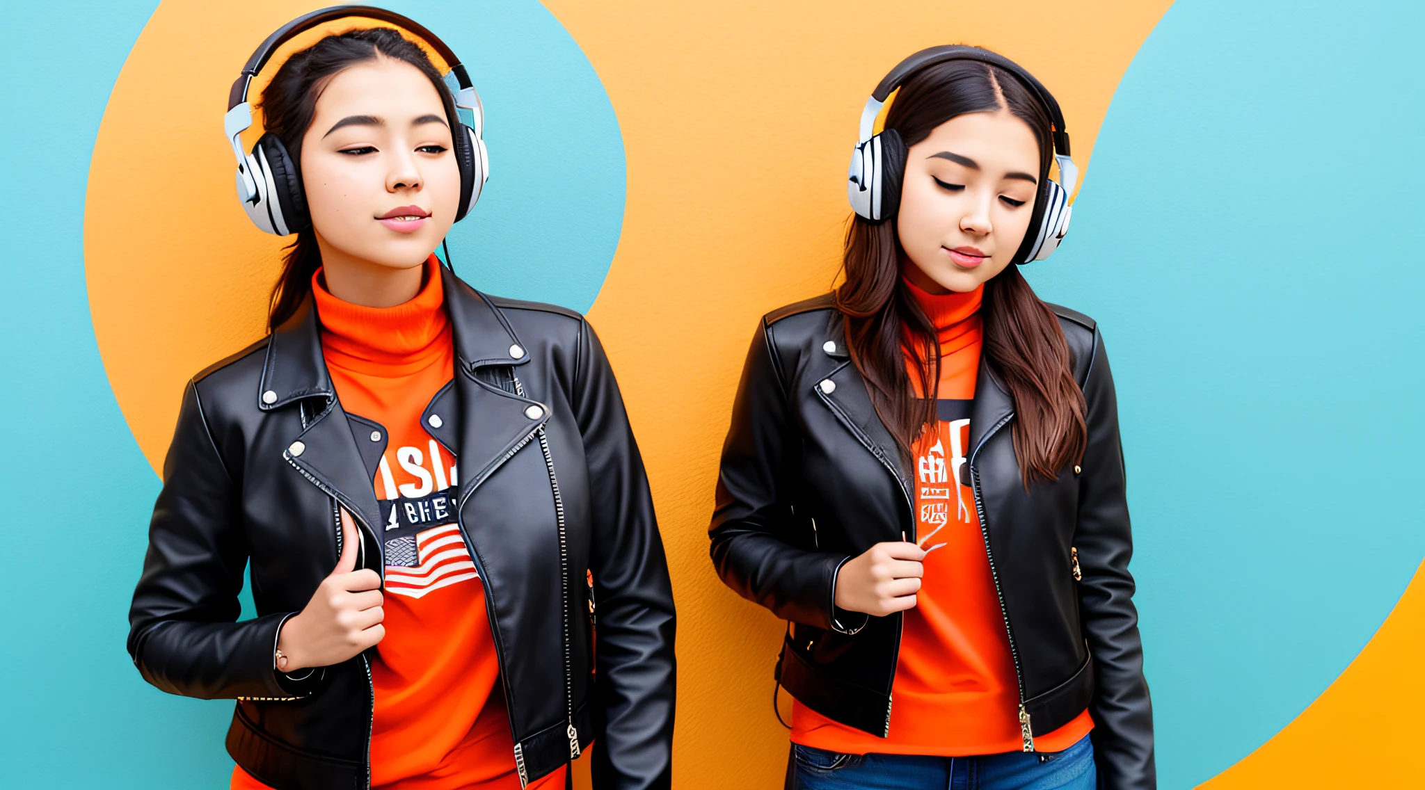 arafed girl in a leather jacket and headphones making a peace sign, girl wearing headphones, with head phones, vibing to music, with headphones, wearing a turtleneck and jacket, dressed in short leather jacket, in front of an orange background, wearing a jeans jackets, listening to godly music, wearing headphones, wearing a leather jacket, she wears leather jacket