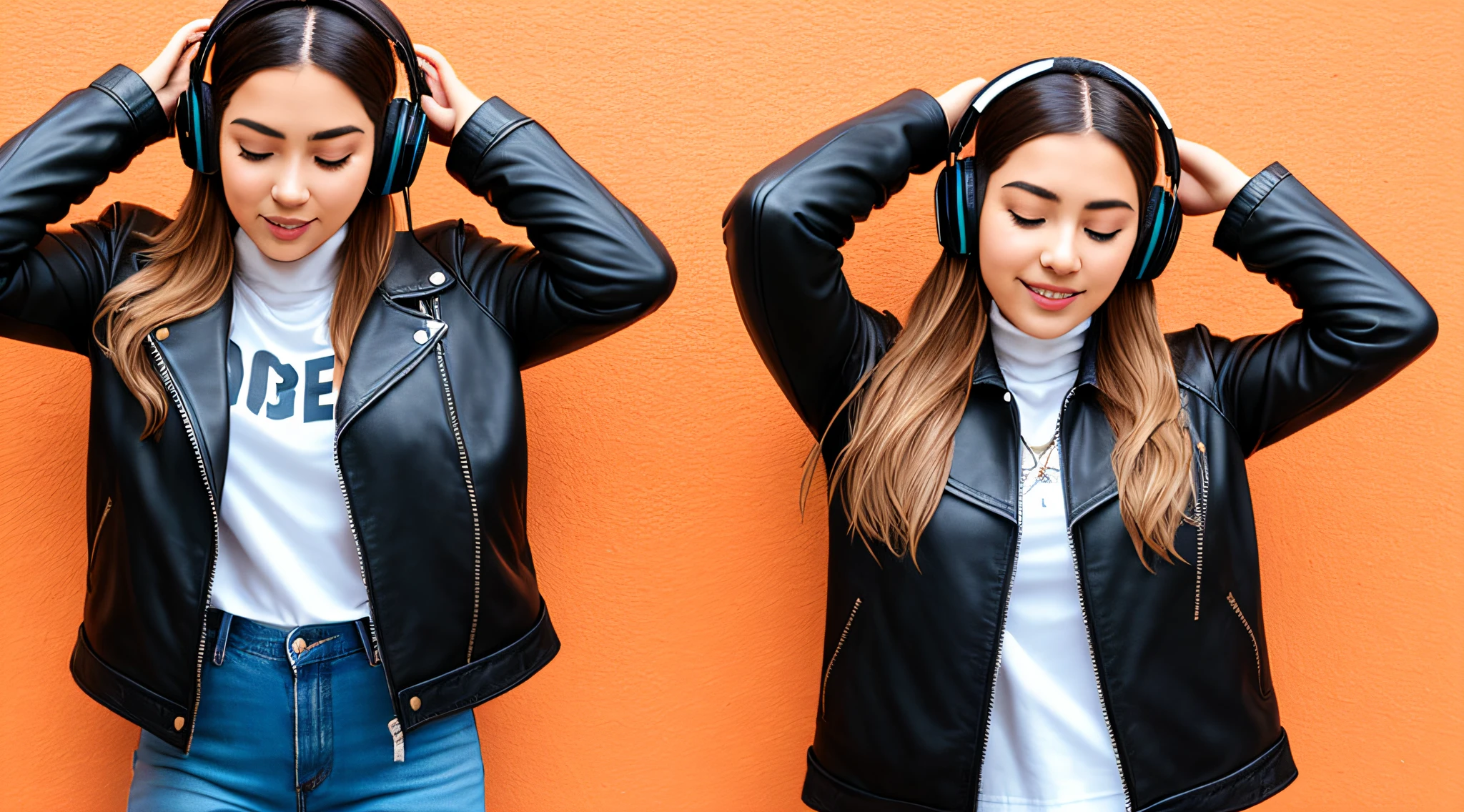 arafed girl in a leather jacket and headphones making a peace sign, girl wearing headphones, with head phones, vibing to music, with headphones, wearing a turtleneck and jacket, dressed in short leather jacket, in front of an orange background, wearing a jeans jackets, listening to godly music, wearing headphones, wearing a leather jacket, she wears leather jacket