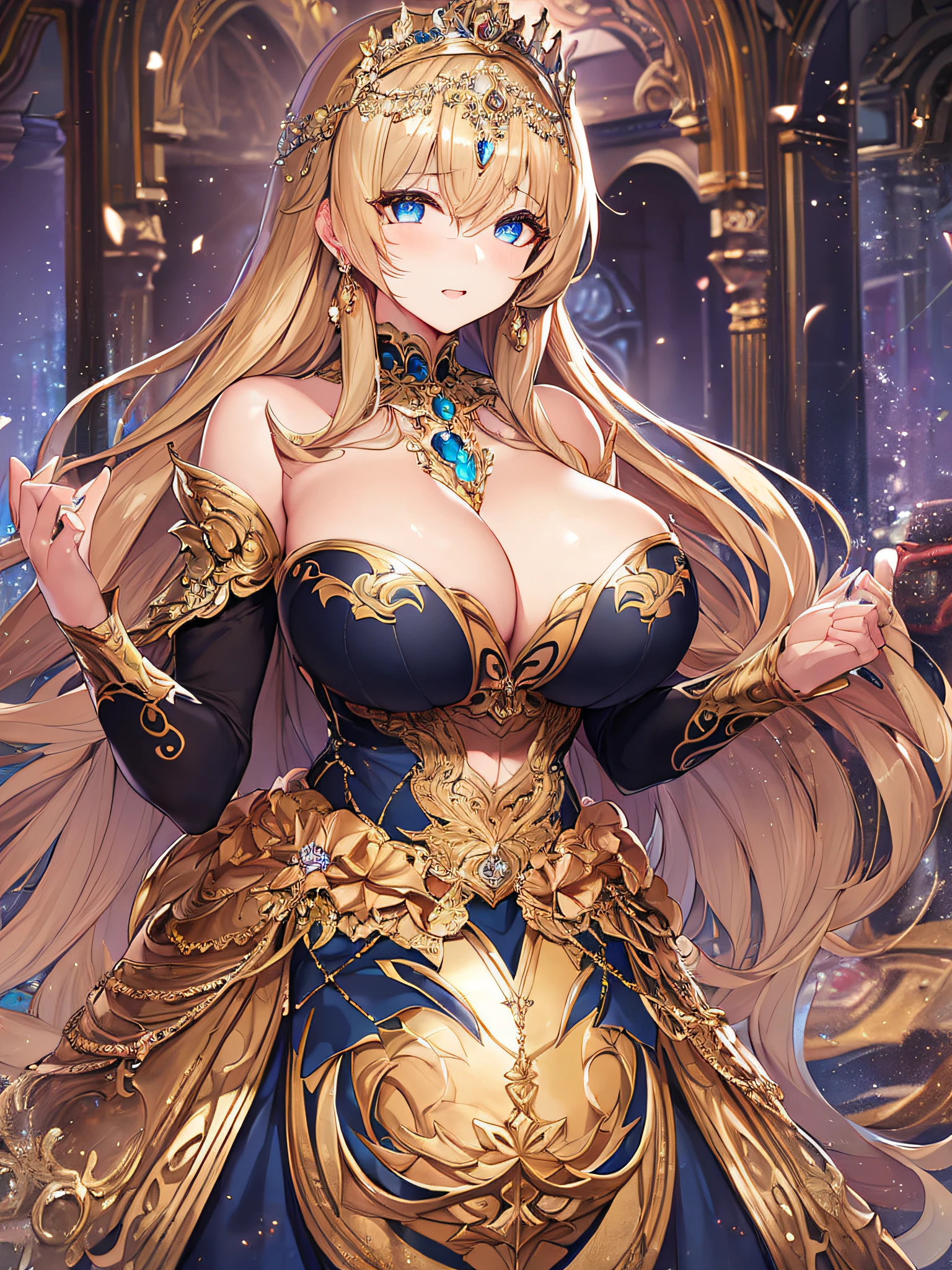 ((anime artstyle)),(Masterpiece),(Best Quality), (Super Detail),Illustration,((Very Delicate and Beautiful)),Focus on character,Dynamic Angle,Looking at viewer,((Solo)),standing,(((full body))),((one noble princess in gorgeous ball gown with voluminous skirt)),detailed face and eyes,jewel-like eyes,((Very Long voluminous Hair)),gorgeous embroidery and lace,See-through,ornate ruffles,Gorgeous jewelry ornaments,luxury hair ornament,luxury tiara with jewels,(gigantic breasts,Long breasts),full body,((gorgeous ball gown with voluminous skirt))