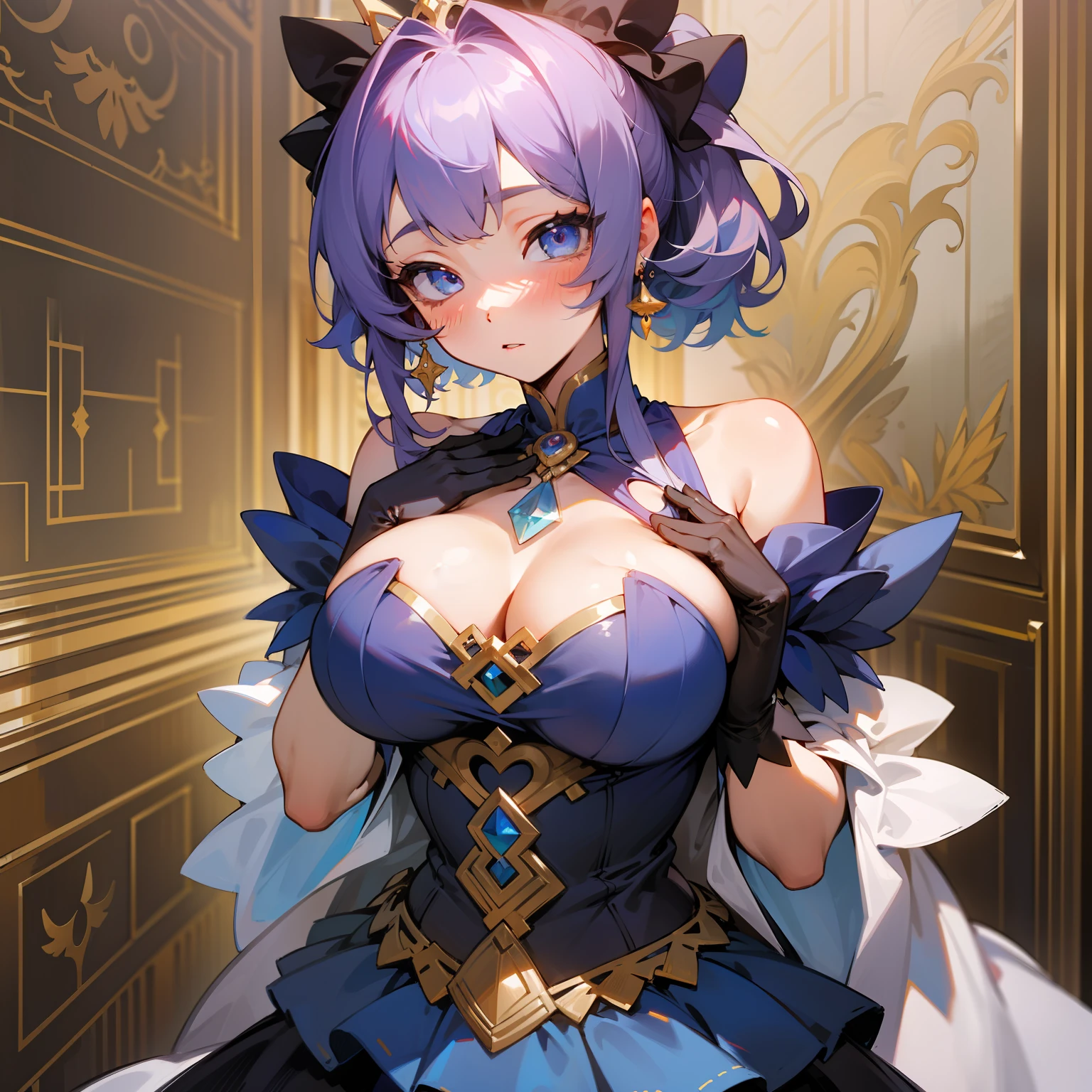 masterpiece, top quality, beautiful, detailed eyes, highly detailed, detailed face, 8K, wallpaper, 1 girl, last origin, cyclops princess,, gonzo, clothed_paizuri, perfect body large_breasts, 1 boy, ruffled dress, fancy dress, blush, gloves