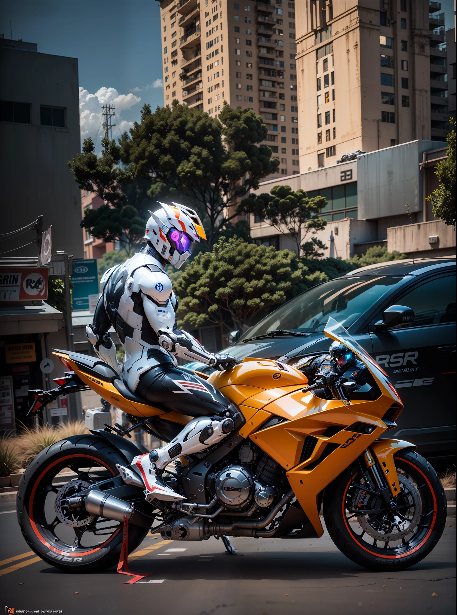 Strong handsome full body black mech Cyber Handsome Warrior, Cyber Mechanical Motorcycle, High-Tech Black Full Surrounded Faceless Helmet, Nousr, Biomechanics, MSHN Robot Man, High-Tech Helmet, Hyperreal, Steel, Intricate Design, Crazy Details, Fine Details, Extremely Clear Lines, Cinematic Lighting, Photo Realisticity, Detailed Masterpiece