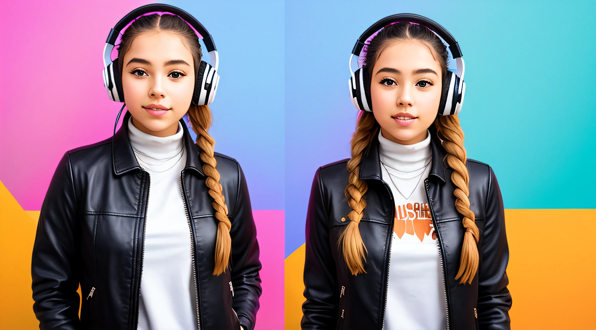 mENINA BLONDE CHILD IN BRAIDS, in leather jacket and headphones making peace sign, girl wearing headphones, with headphones, vibrating with music, with headphones, wearing turtleneck and jacket, dressed in short leather jacket, in front of an orange background, wearing a denim jacket, listening to pious music,  Wearing headphones, wearing a leather jacket, she wears a leather jacket