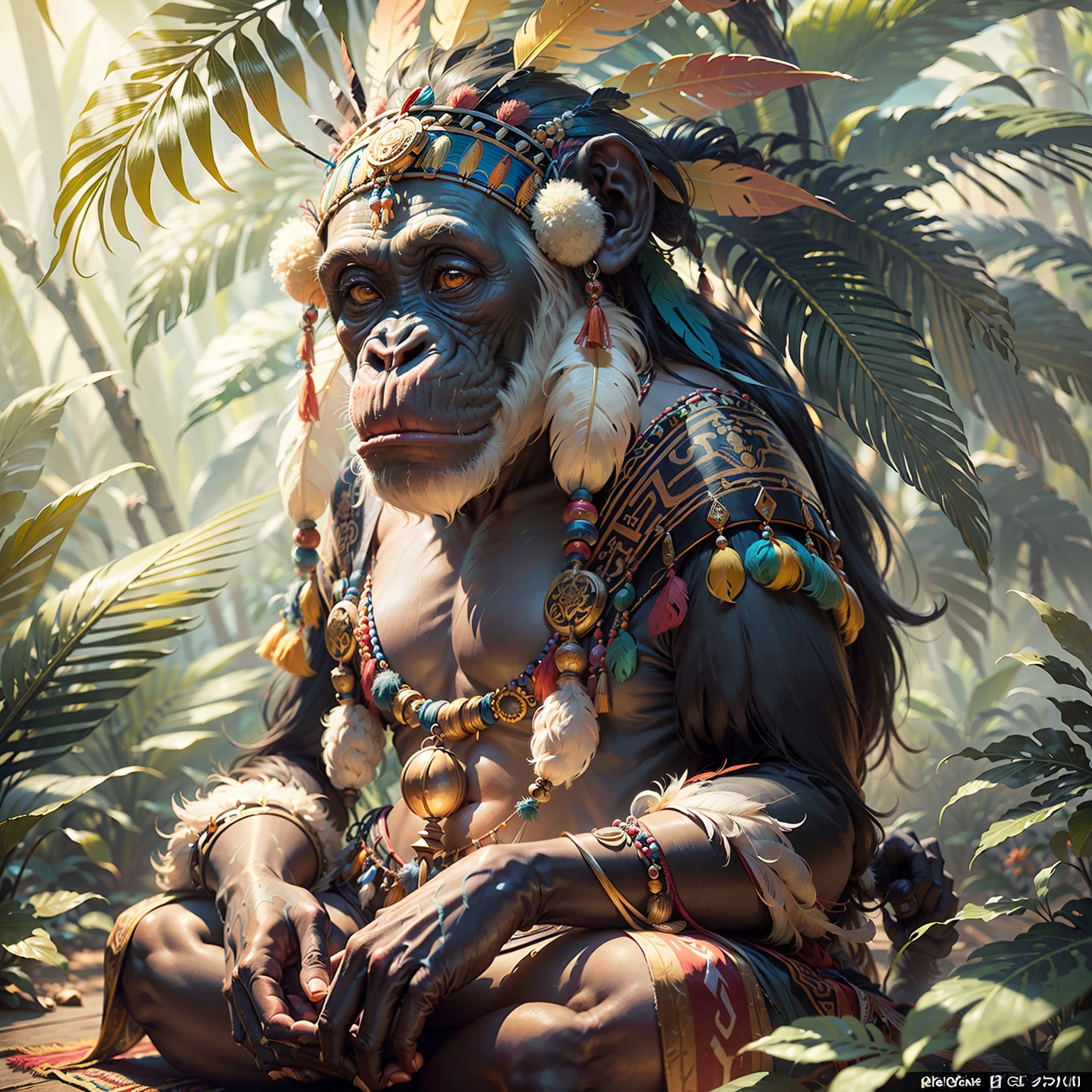 Cheerful Chimpanzee Head ((Shaman)),((meditative state),,Shaman, elegant chimpanzee, hair with details, with Indian headdress on head, ((meditating)) many colorful feathers, colored feathers, facing the camera, detail: dense tropical foliage, highly detailed intricate, ((masterpiece)), ultra hyperrealistic, masterpiece