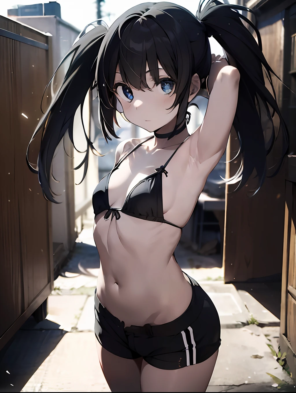 1girl, (solo:1.2), ((masterpiece)), (shadow), [slim], (small breasts), ((sharp focus)), pale skin, ((detailed eyes)), (blurry background), black rock shooter, twintails, black hair, (shorts), armpits, collarbone
