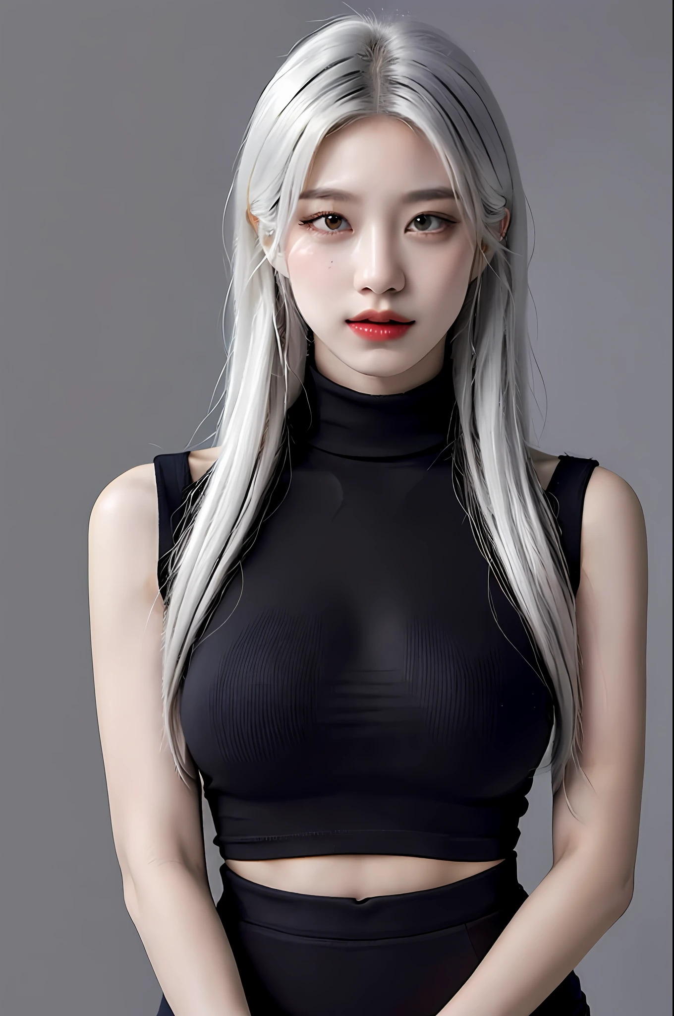 Girls, Bangs, Bare Shoulders, Black Pants, Big Breasts, Breasts squeezed together, Grey background, Hair between the eyes, Huge breasts, Long hair, View Viewer, Pants, Parted lips, Red eyes, Sexy Shirt, Simple background, Sleeveless, Sleeveless shirt, Solo, Turtleneck, V arm, White hair,(Shiny skin),(Masterpiece:1.4),(Best quality:1.4),,Facigirl,Red lips,Perfect abs, belly button, (nipple: 1.5), (sheer areola), nipple, huge, sweat,