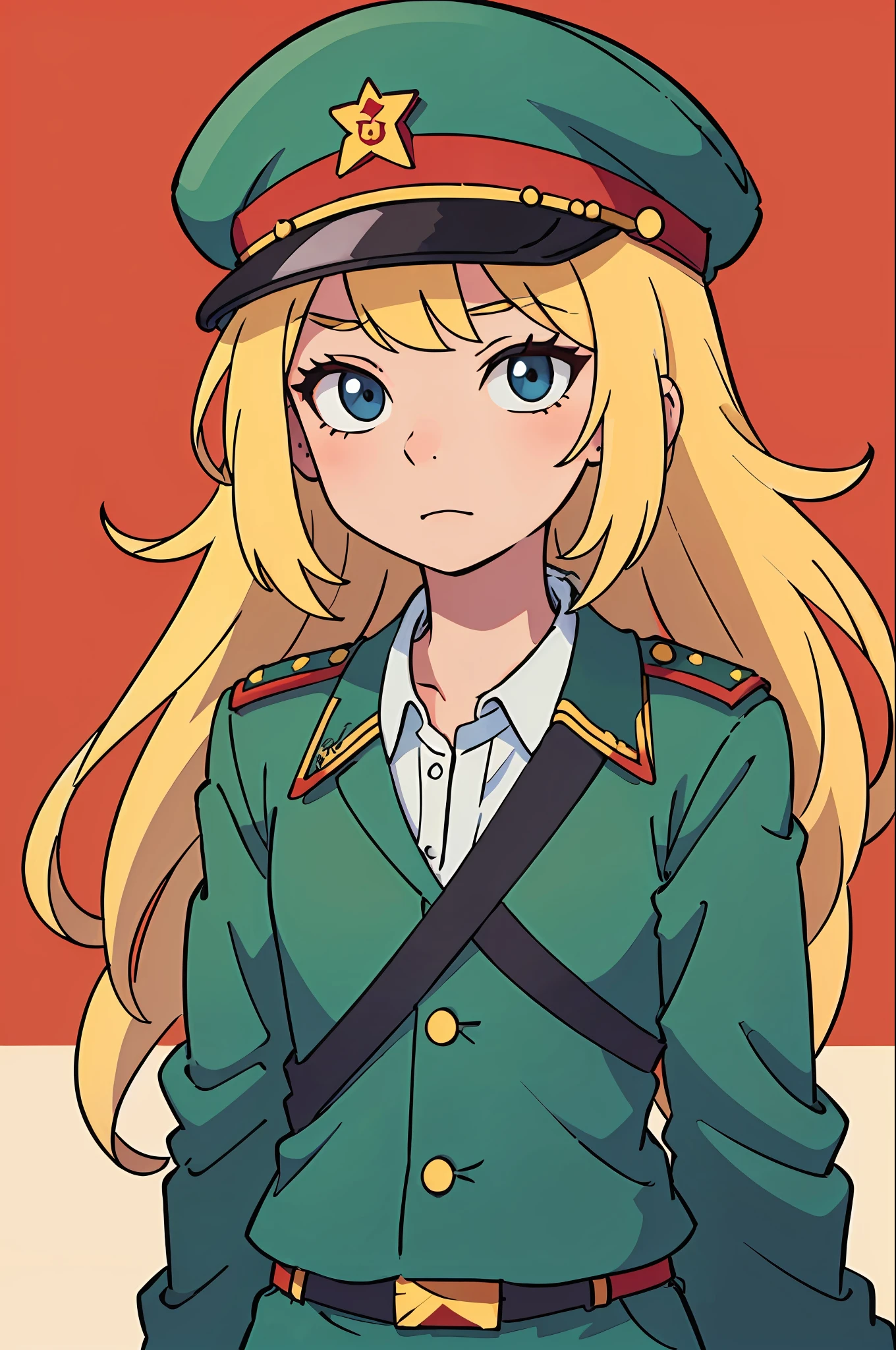 (Best quality: 0.8), (Best quality: 0.8), perfect anime illustration, Soviet girl with commissar hat, flat chest, full set of strict Soviet military uniform, blonde hair, petite, upper body