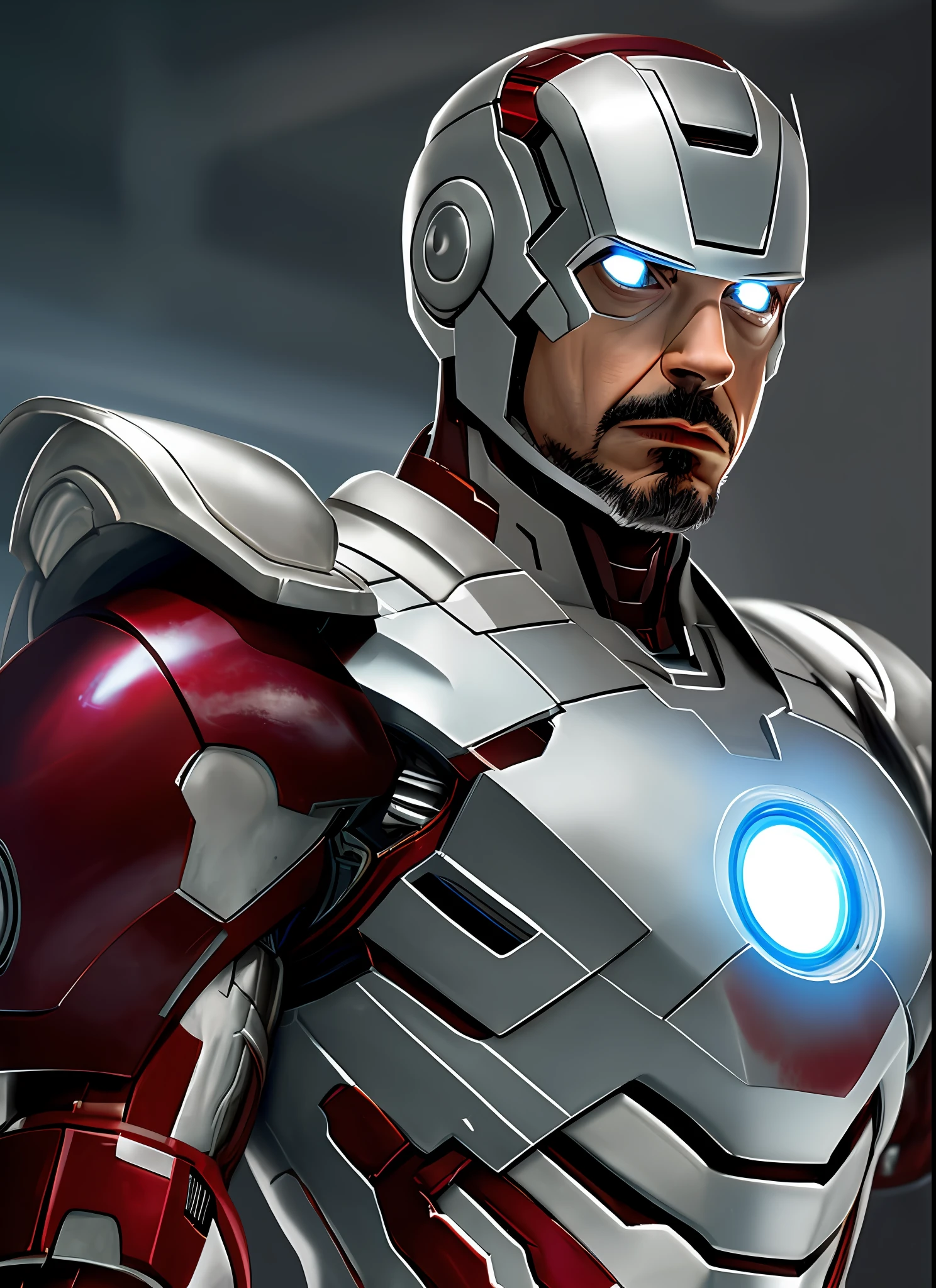(Masterpiece), robert downey jr in silver and white colored Iron man suit, medieval style iron man suit realistic detail, real life, perfect lighting, perfect face, perfect hairstyle, studio lighting, perfect shading, real shadow, ray tracing, fire, plasma gun, warfare, 1man, 1adultman, blood splatter all over the suit, R rated