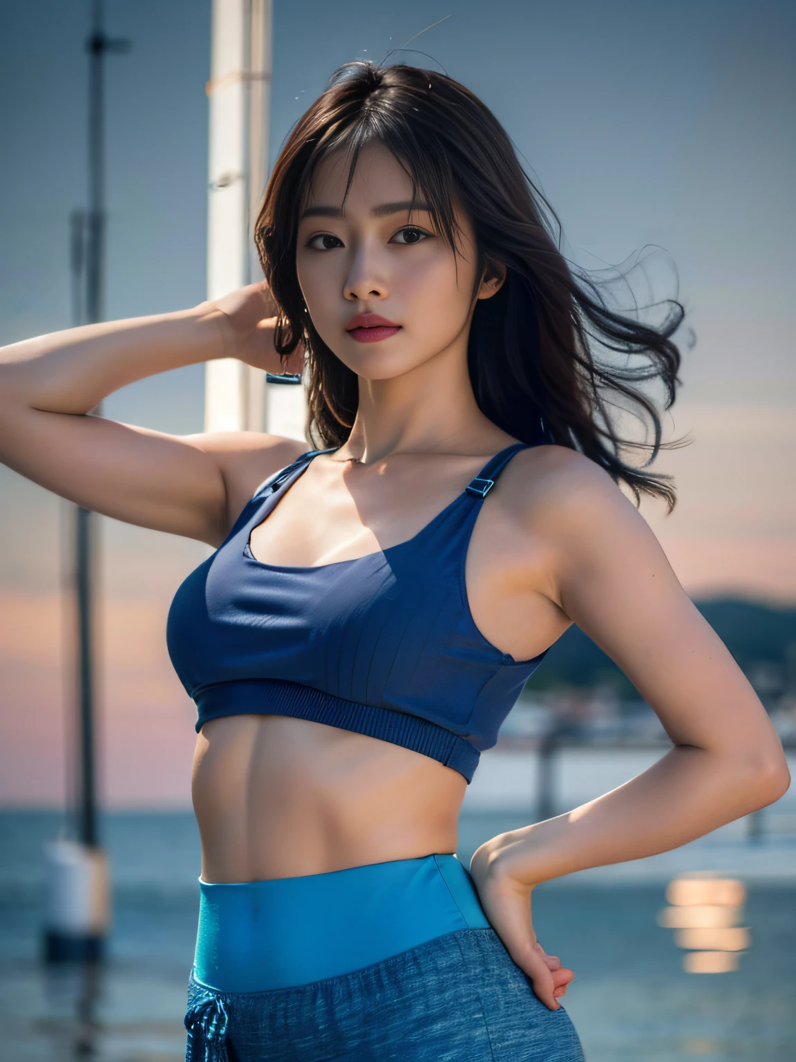 Woman poses seductively with sea view, top quality, high resolution, 8k, girl alone, seaside, (seaside: 0.8), (people, crowd: 1), sleeveless blue top, blue apron: 1.5, leaking navel), gorgeous, (medium hair), (dynamic pose: 0.8), (upper body: 1.5), soft lighting, wind, shiny skin, gaze,