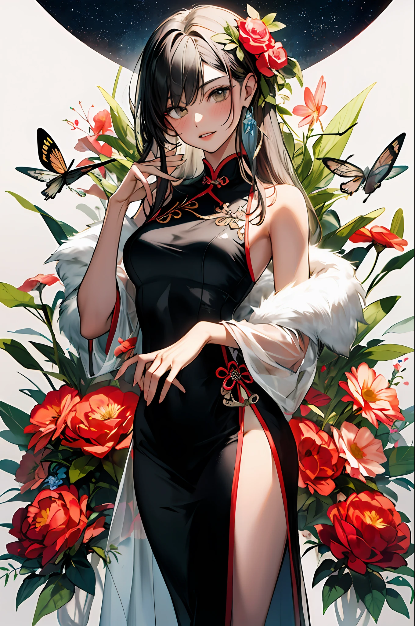 (Masterpiece: 1.2, Best Quality), (Zen Wrap: 1.2), (Dynamic Pose), (Abstract background: 1.5), (Traditional Costume: 1.2), Long Hair, 1 Lady, Chinese Cheongsam, Embroidery, Pattern, Wide Buttocks, (Shiny Skin), Multiple Colors, Beautiful Lady, Glamorous Lady with Long Curly Hair, Messy Hair, Blushing, Beautiful Big Eyes Made by Art Germ, Boris Vallejo, James Jean, McBeth, Milo Manara, Norman Rockwell :: Charles S. Stunning floral art in Rennie Mackintosh style, thick impasto painting masterpiece ::3 Rococo molten transparent, delicate molten matte transparent translucent monk levitation, poison fly Amanita mycelium Chinese lantern very realistic planets and stars flying, glacier multi-layered, translucent, delicate multi-layered very delicate silk color, pastel, thick pattern, masterpiece