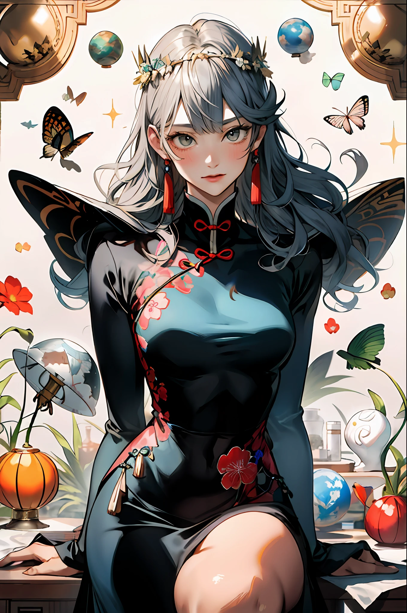 (Masterpiece: 1.2, Best Quality), (Zen Wrap: 1.2), (Dynamic Pose), (Abstract background: 1.5), (Traditional Costume: 1.2), Long Hair, 1 Lady, Chinese Cheongsam, Embroidery, Pattern, Wide Buttocks, (Shiny Skin), Multiple Colors, Beautiful Lady, Glamorous Lady with Long Curly Hair, Messy Hair, Blushing, Beautiful Big Eyes Made by Art Germ, Boris Vallejo, James Jean, McBeth, Milo Manara, Norman Rockwell :: Charles S. Stunning floral art in Rennie Mackintosh style, thick impasto painting masterpiece ::3 Rococo molten transparent, delicate molten matte transparent translucent monk levitation, poison fly Amanita mycelium Chinese lantern very realistic planets and stars flying, glacier multi-layered, translucent, delicate multi-layered very delicate silk color, pastel, thick pattern, masterpiece