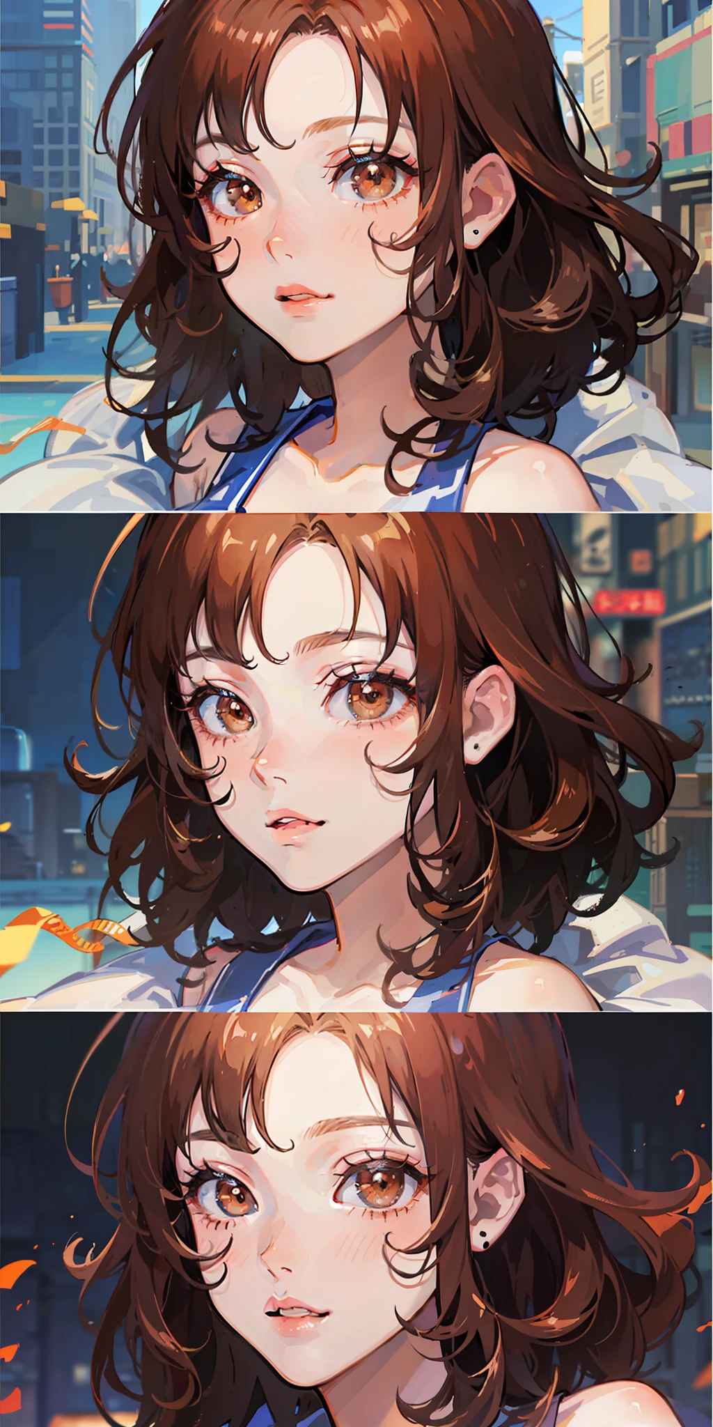 ((masterpiece)), ((best quality)), ((anime)), ((old effect)), ((90s anime)), girl, ((orange skin)), ((brown eyes) ), ((perfect)), eyebrow, nose, ear, mouth, lips, ((curly hair)), neck, shoulders, ((arms)), ((random background color)), lustful,