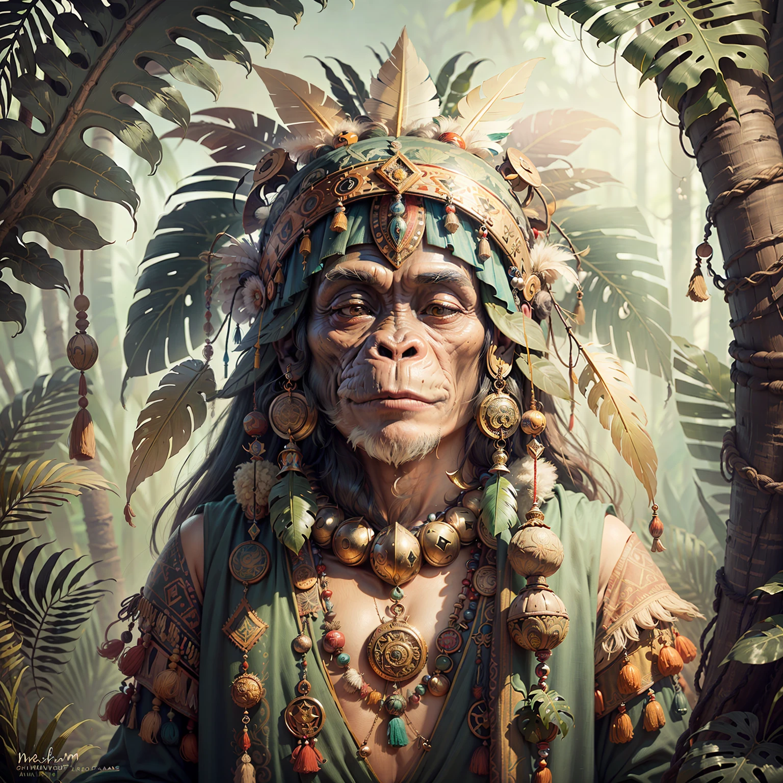 Cheerful Chimpanzee Head ((Shaman)),((meditative state),,Shaman, elegant chimpanzee, hair with details, with Indian headdress on head, ((meditating)) many colorful feathers, colored feathers, facing the camera, detail: dense tropical foliage, highly detailed intricate, ((masterpiece)), ultra hyperrealistic, masterpiece