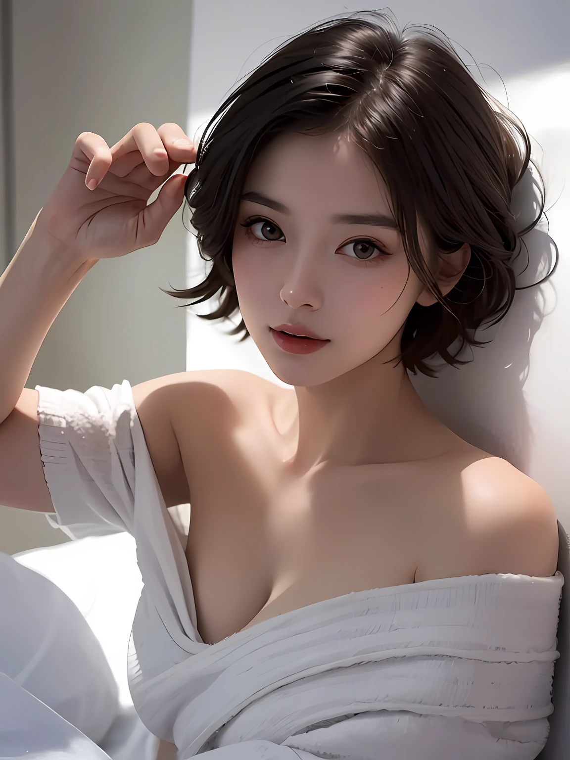 Top Quality, Masterpiece, Ultra High Resolution, (Photorealistic: 1.5), Raw Photo, 1 Girl, Off Shoulder, Dark, Deep Shadow, Unobtrusive, Cold Light, Sexy Look, Short Hair, Lying in Bed, Sexy Pose