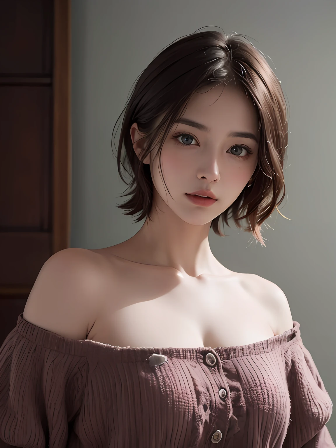 Best quality, masterpiece, ultra high res, (photorealistic:1.5), raw photo, 1girl, offshoulder, in the dark, deep shadow, low key, cold light, sexy look, short hair