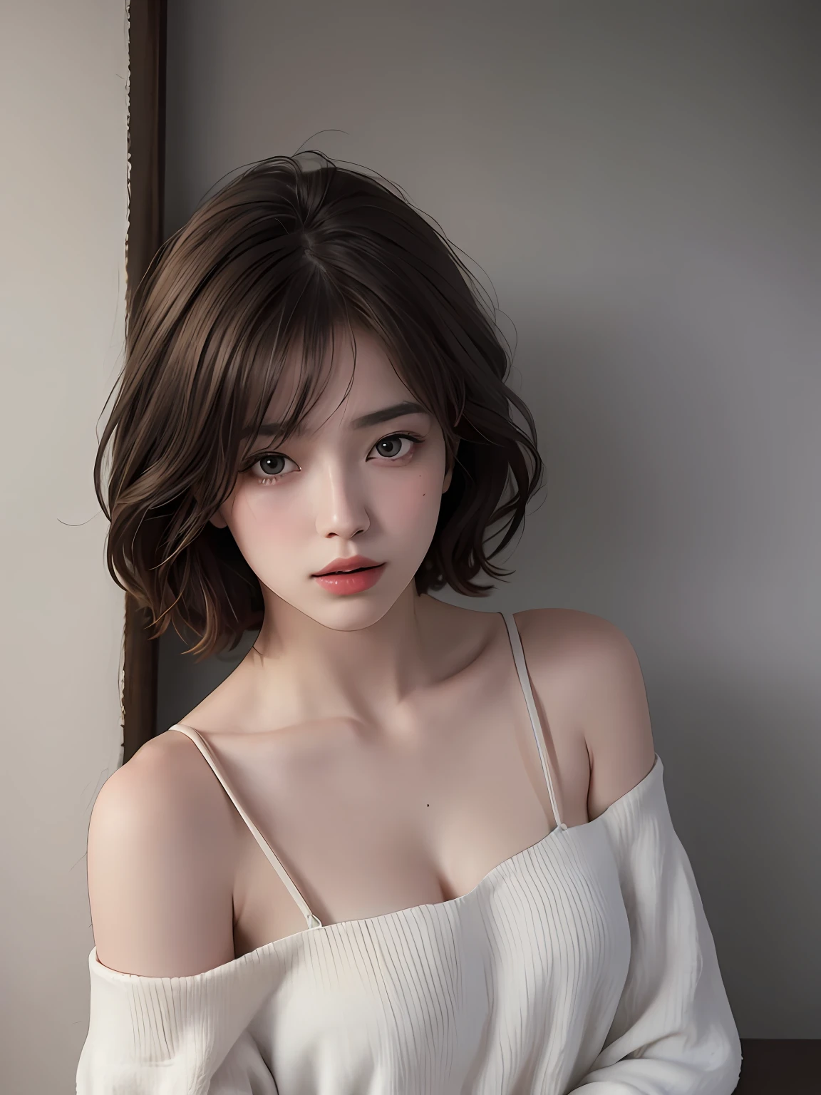 Best quality, masterpiece, ultra high res, (photorealistic:1.5), raw photo, 1girl, offshoulder, in the dark, deep shadow, low key, cold light, sexy look, short hair