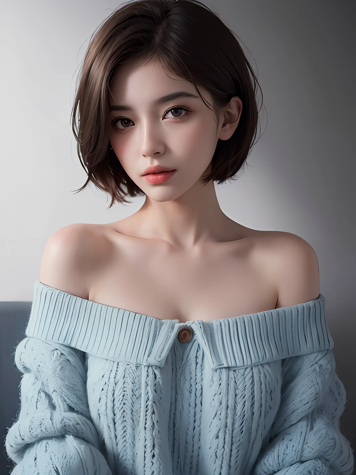 Best quality, masterpiece, ultra high res, (photorealistic:1.5), raw photo, 1girl, offshoulder, in the dark, deep shadow, low key, cold light, sexy look, short hair