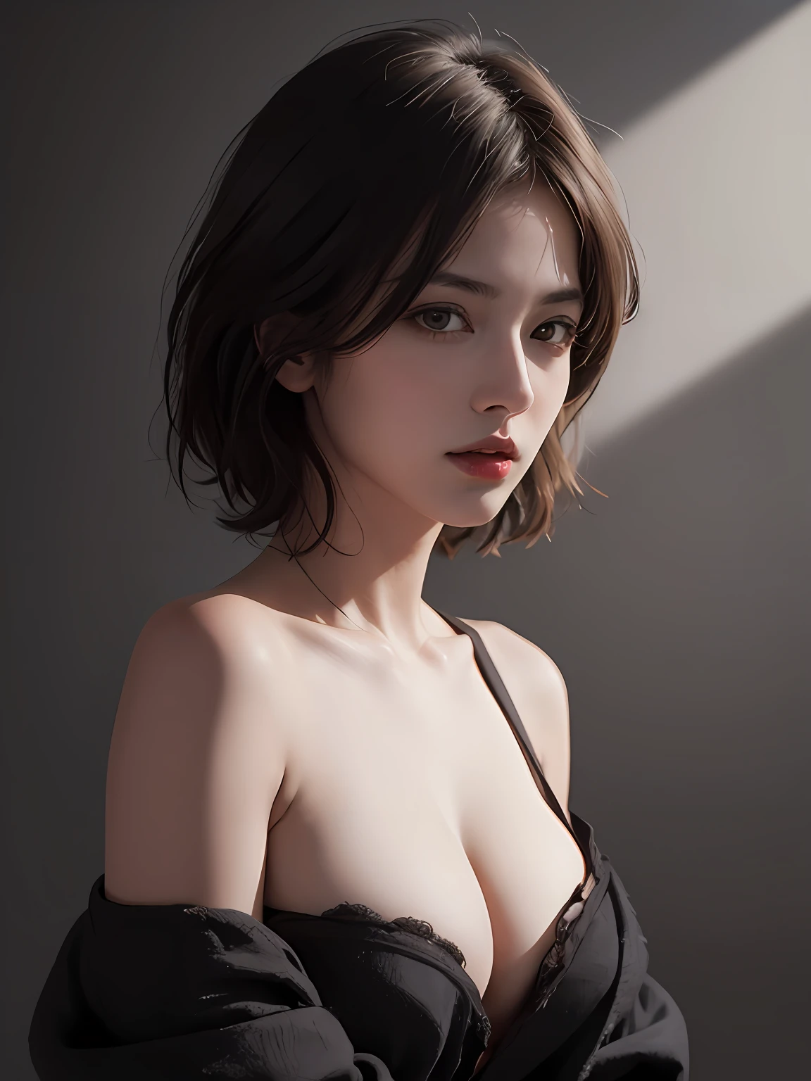 Best quality, masterpiece, ultra high res, (photorealistic:1.5), raw photo, 1girl, offshoulder, in the dark, deep shadow, low key, cold light, sexy look, short hair