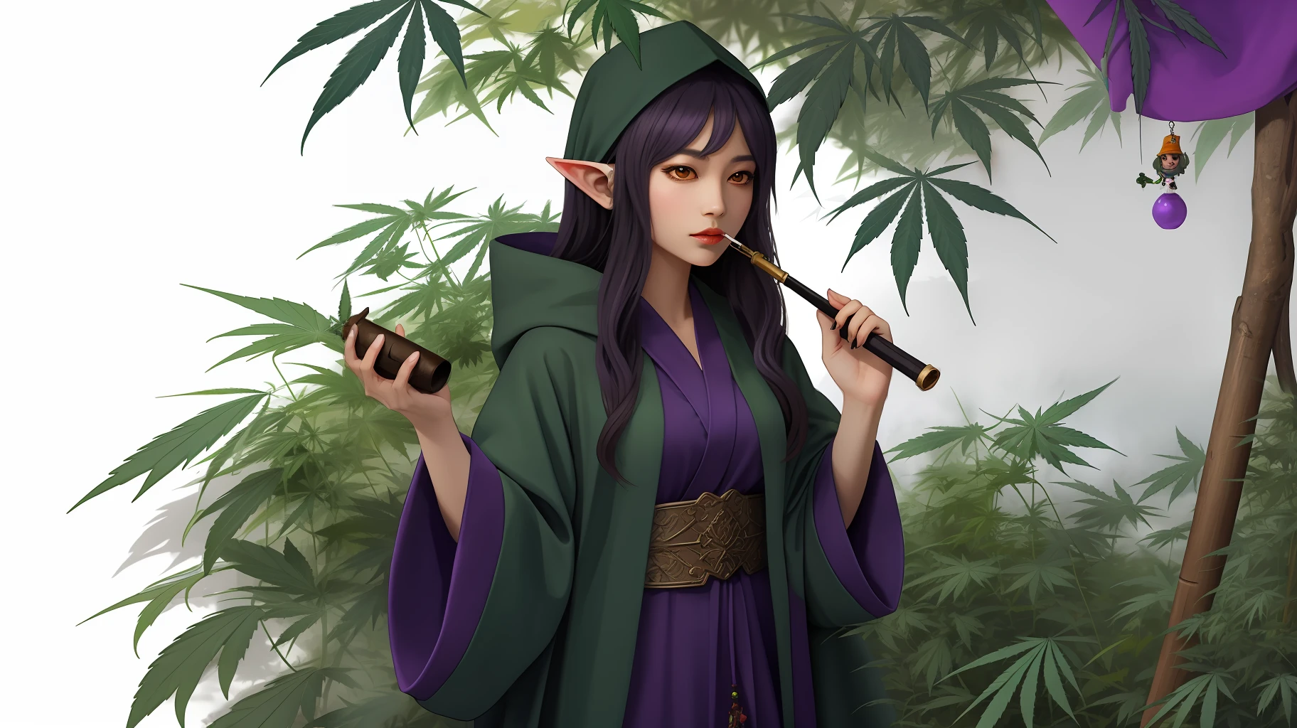 A black elf, in purple and green robes, with a background full of marijuana leaves and marijuana flowers, and a distant gnome of hers smoking in a pipe with red eyes.