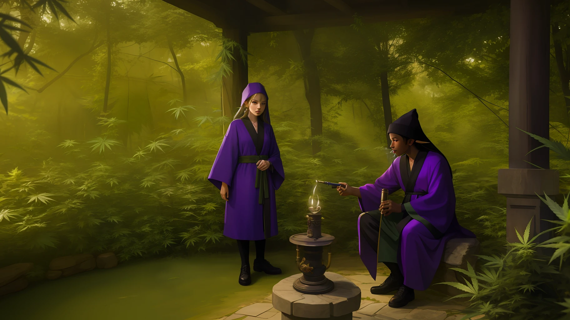 A black elf, in purple and green robes, with a background full of marijuana leaves and marijuana flowers, and a distant gnome of hers smoking in a pipe with red eyes.