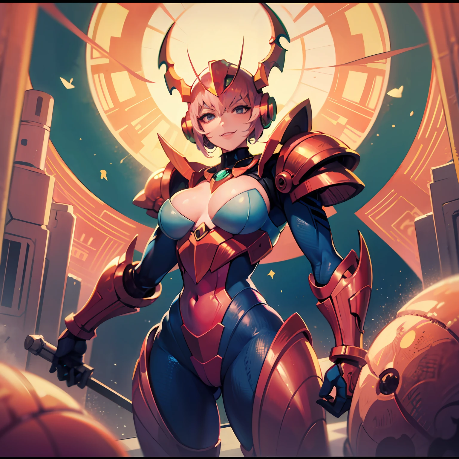 Hot insect shell woman, Guyver style, evil smile, scaraber reploid, bellows tail, cel shade adult animation, alien queen, metroid suit