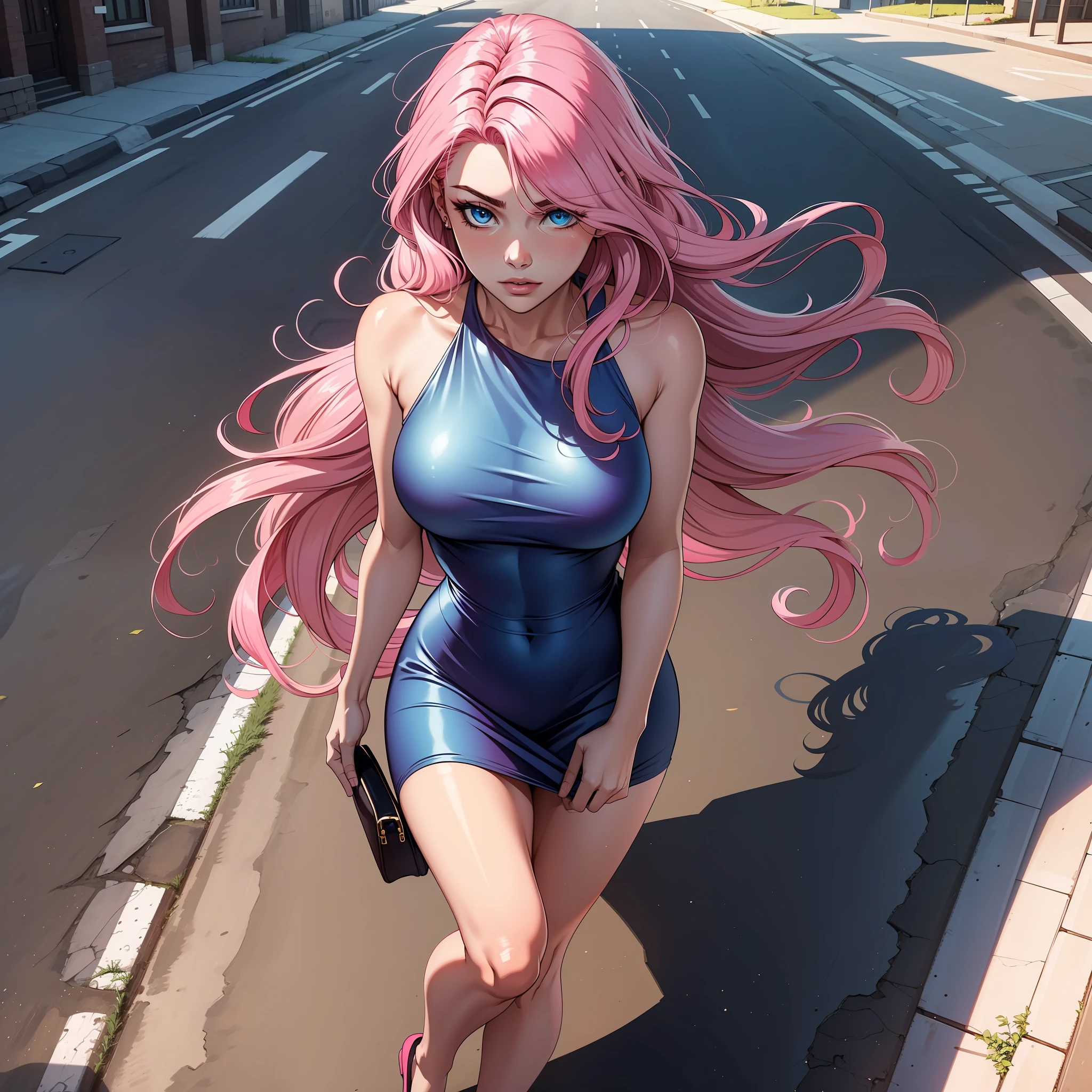 A woman alone, pink hair, long hair, blue eyes, on the empty street, short dress glued,