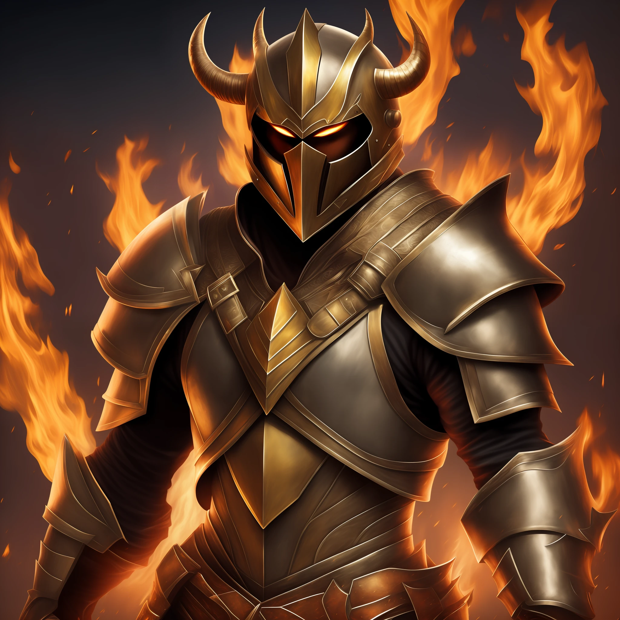 Man in armor where his helmet has long horns that catch fire