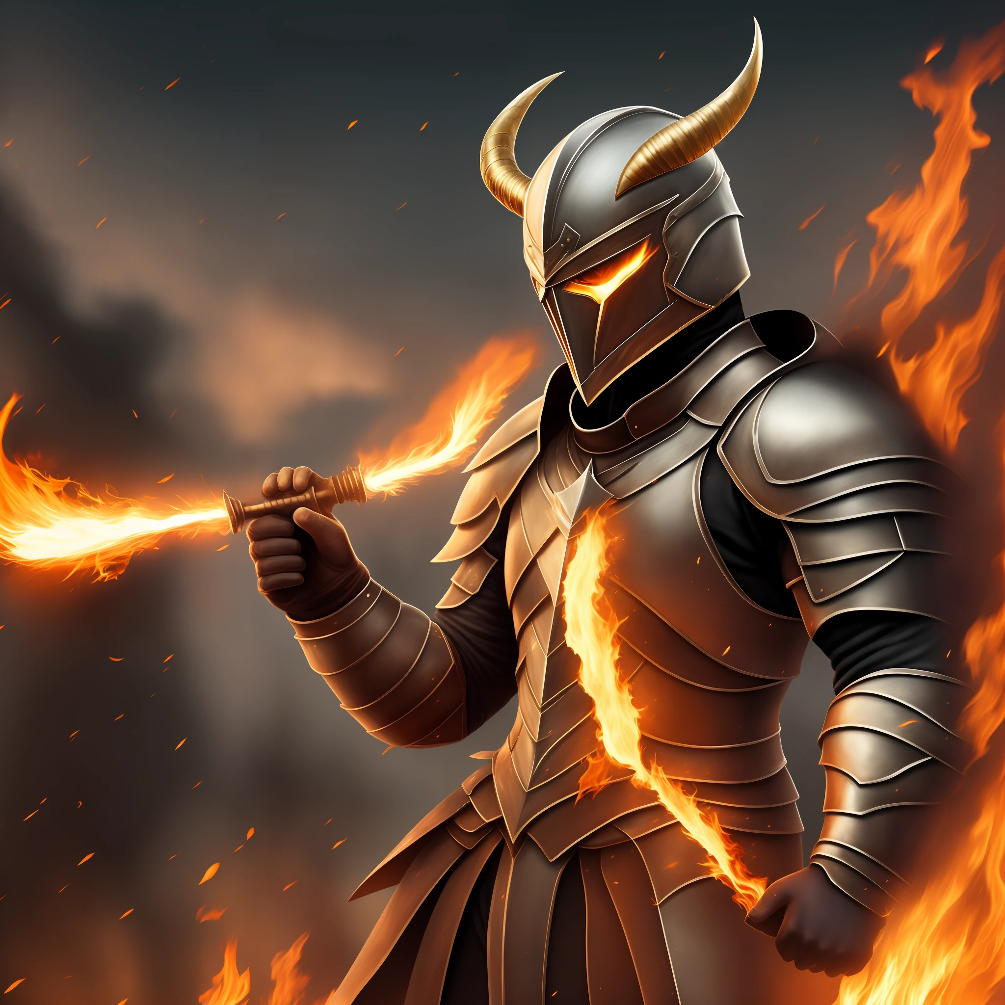Man in armor where his helmet has long horns that catch fire
