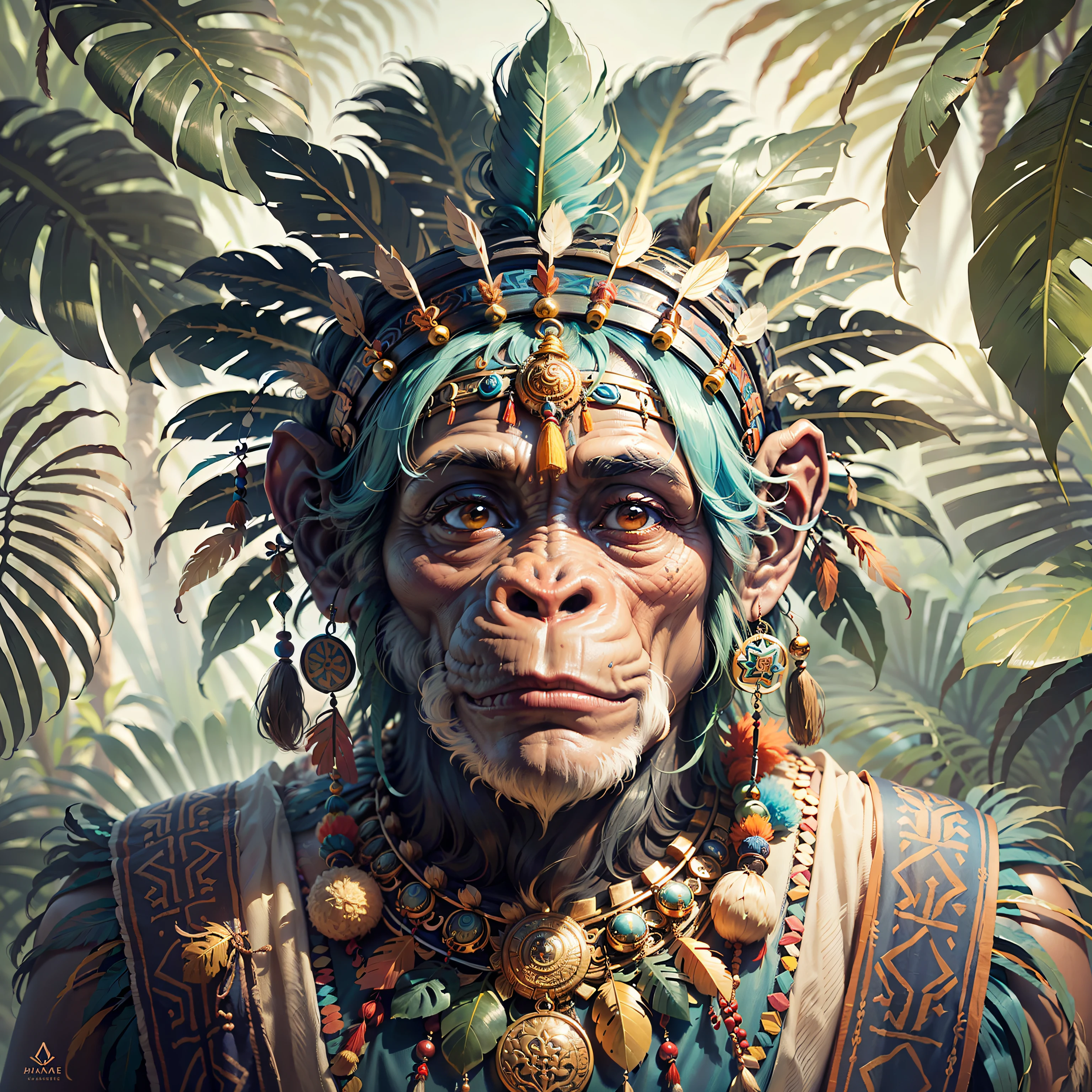 Cheerful Chimpanzee Head ((Shaman)),((meditative state),,Shaman, elegant chimpanzee, hair with details, with Indian headdress on head, ((meditating)) many colorful feathers, colored feathers, facing the camera, detail: dense tropical foliage, highly detailed intricate, ((masterpiece)), ultra hyperrealistic, masterpiece