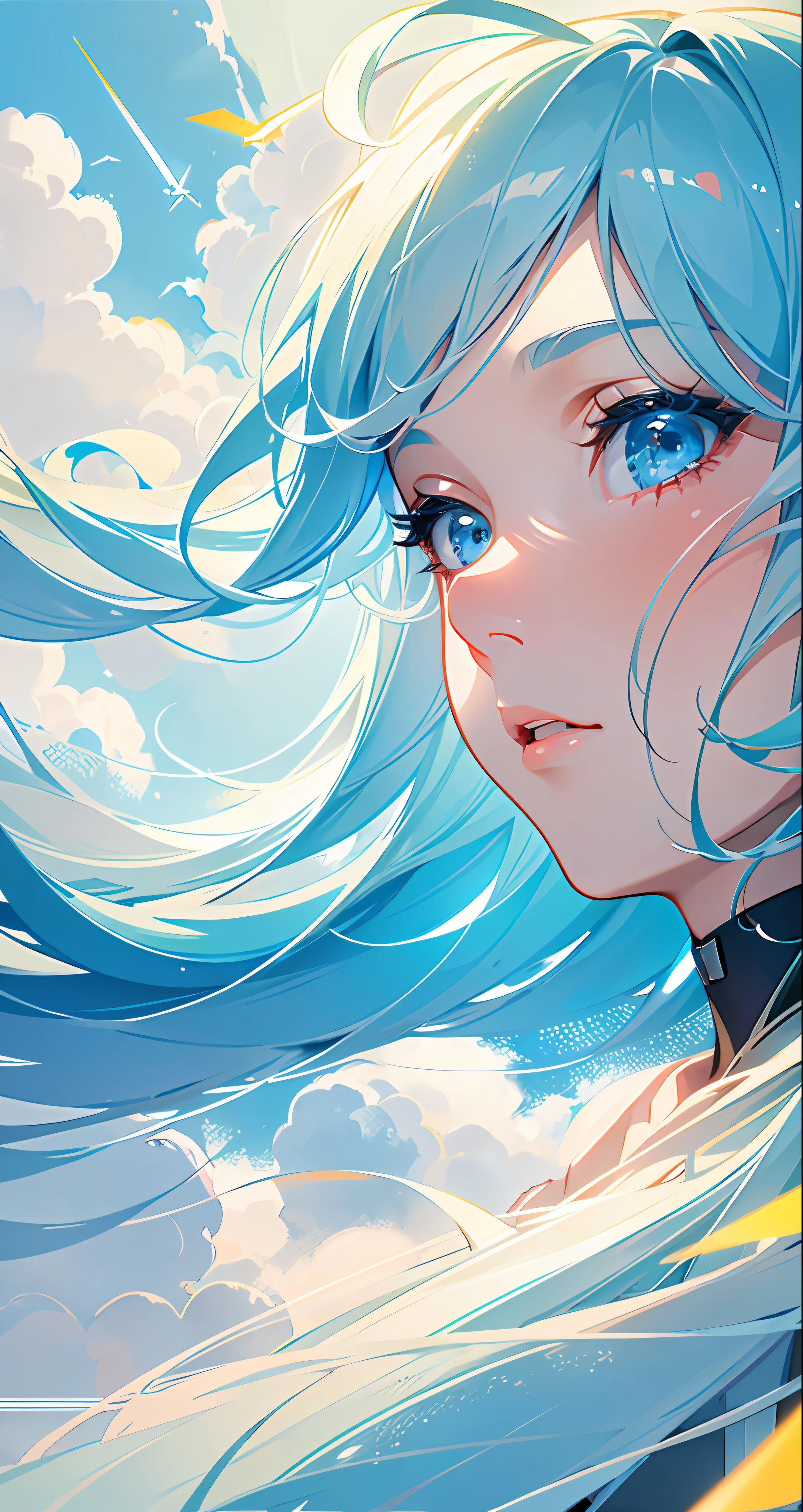 masterpiece, best quality, movie still, 1girl, floating in the sky, cloud girl, cloud, (close-up:1.1), bright, happy, fun, soft lighting, (Bauhaus, shapes, lines, abstract:1.1)