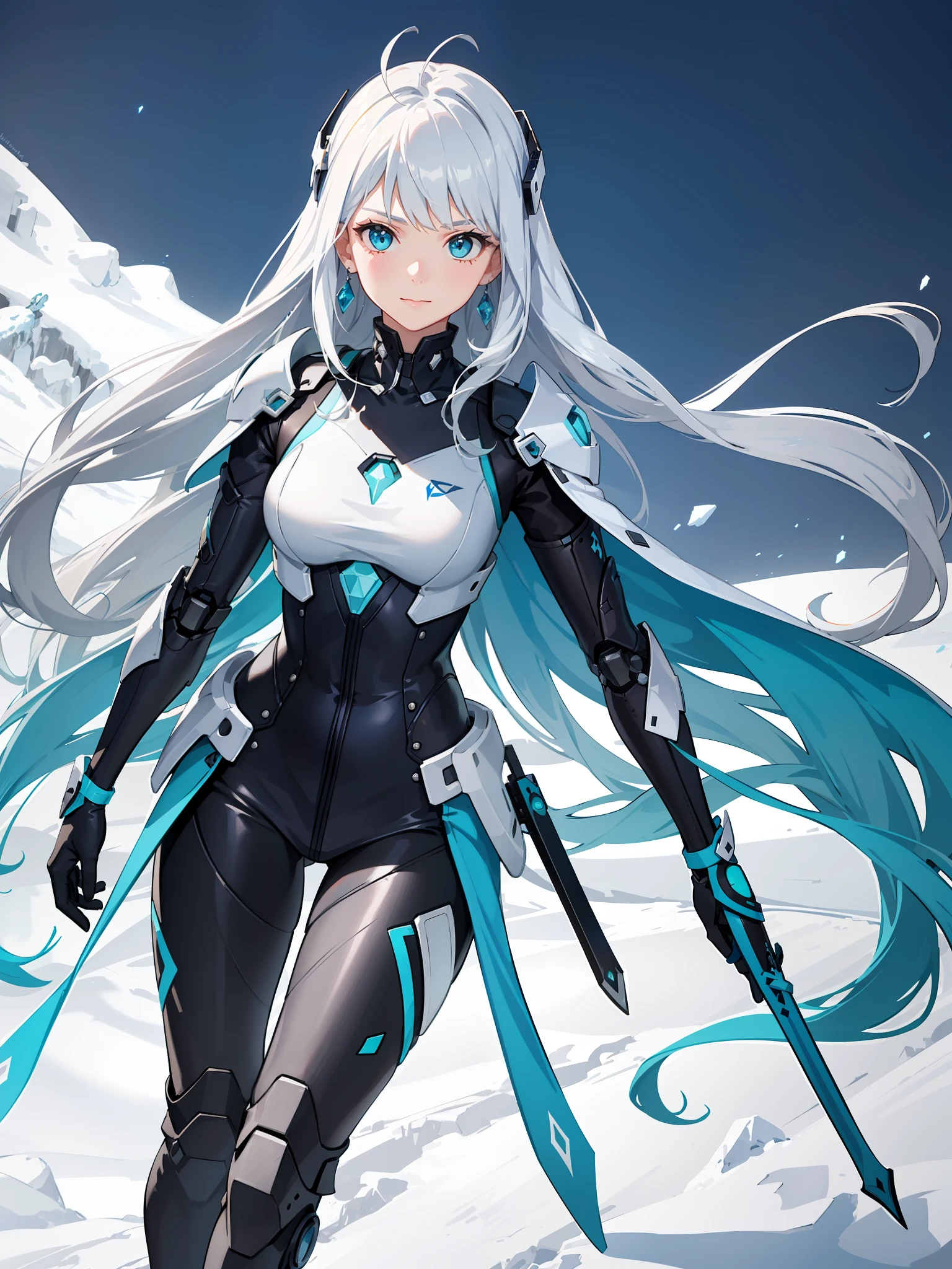 ({best quality}, {{masterpiece}},, {highres}),extremely detailed 8K wallpaper,anime_3D_Rendering,(solo,1girl),teenager,curvaceous_body,d_cup_breasts,detailed_face,slender waist,floating,perspective,beautiful_face,ample_breasts,high_saturation coloring,prodigy_girl,looking at viewer,standing next to viewer,confident,isomeric_view,realistic_lighting,ray_tracing,mecha_girl,character_splash_art,honkai_star_rail

Full detailed face,(vivid_silver_hair,detailed hair,shoulder-long hair,twintail hairstyle,icy_blue tips,aqua inner hair,straight flowy hair,base tied with sharp hairclips,loose end,flowy,detailed),(two strands of silver hair framing face),singke white ahoge hair

(two sets of dual white blade-shaped mechanical headpiece,white antenna,pointy,blue at edge),(deep azure eyes,white cross pupil,realistic eyes,sharp eyes edge),(cyan rectangular holographic goggle headdress,semi transparent lenses,violet framings,detailed), earpods

((White and black mechanical battlesuit,figure-hugging)),(white long gloves,silky,detailed hands,darkblue edge),long sleeves,elbow pads,white armor figure-hugging vest around breasts,darkblue edge,dark blue medals on vest,(white and azure hoodie),(white mechanical armor corset,a few slate blue glowing lines,black zipper),(white and aqua flowy capes,edged trims,minor light blue lining at tips),(black waistband,two silver holsters attached to waistband),(knee-length white mechanical dress,segmented hem,),white tassets,thigh-length,(black leggings),(blue legband around leg thigh,buckle),(long armor mechanical silver dress,elegant,trims,blue edge line),(black leggings),(white long combat boots,heeled)

,snowy weather,standing amidst snowy forests,tyndall effect rays of light,tfloating,broodiding,calm expression,gentle smile,left hand on hips pose,right palm loose and empty,vivid facial expressions